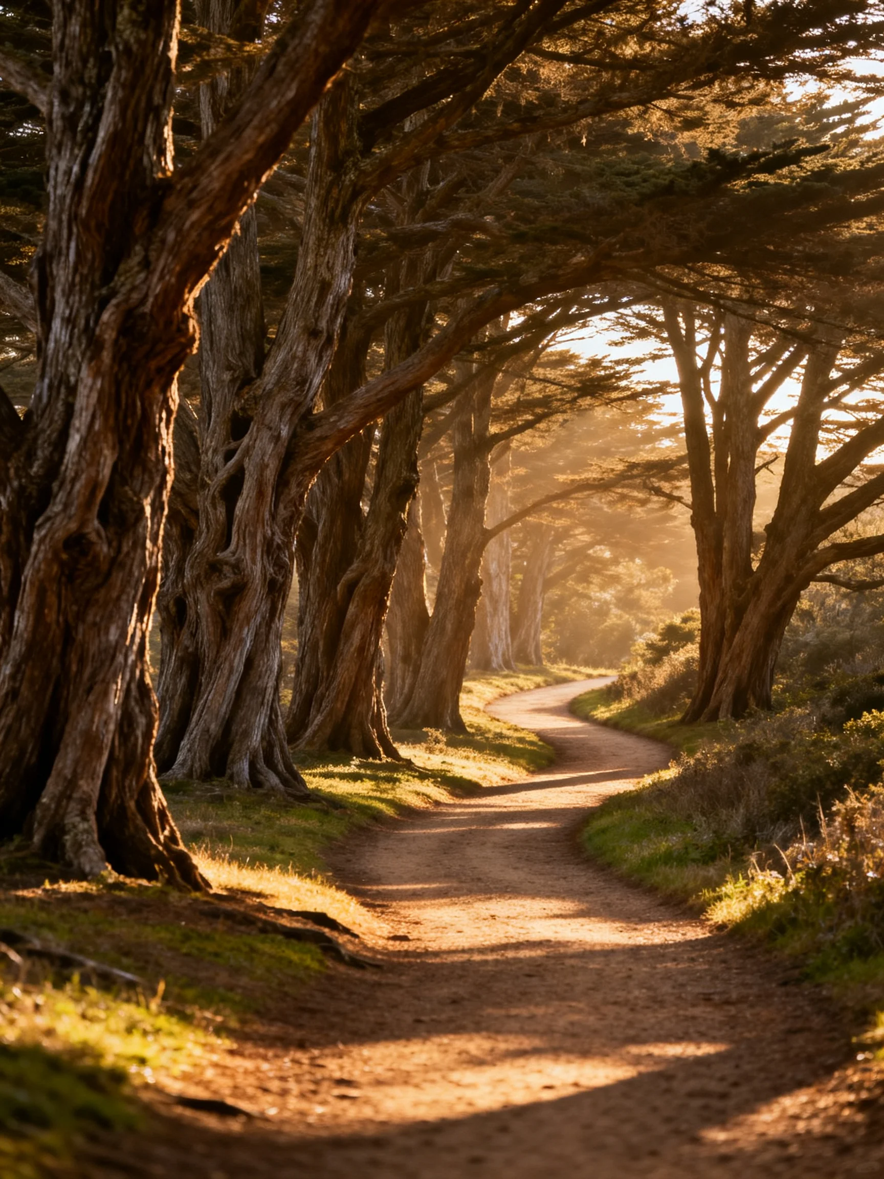 A winding dirt path flanked by ancient, gnarled cypress trees