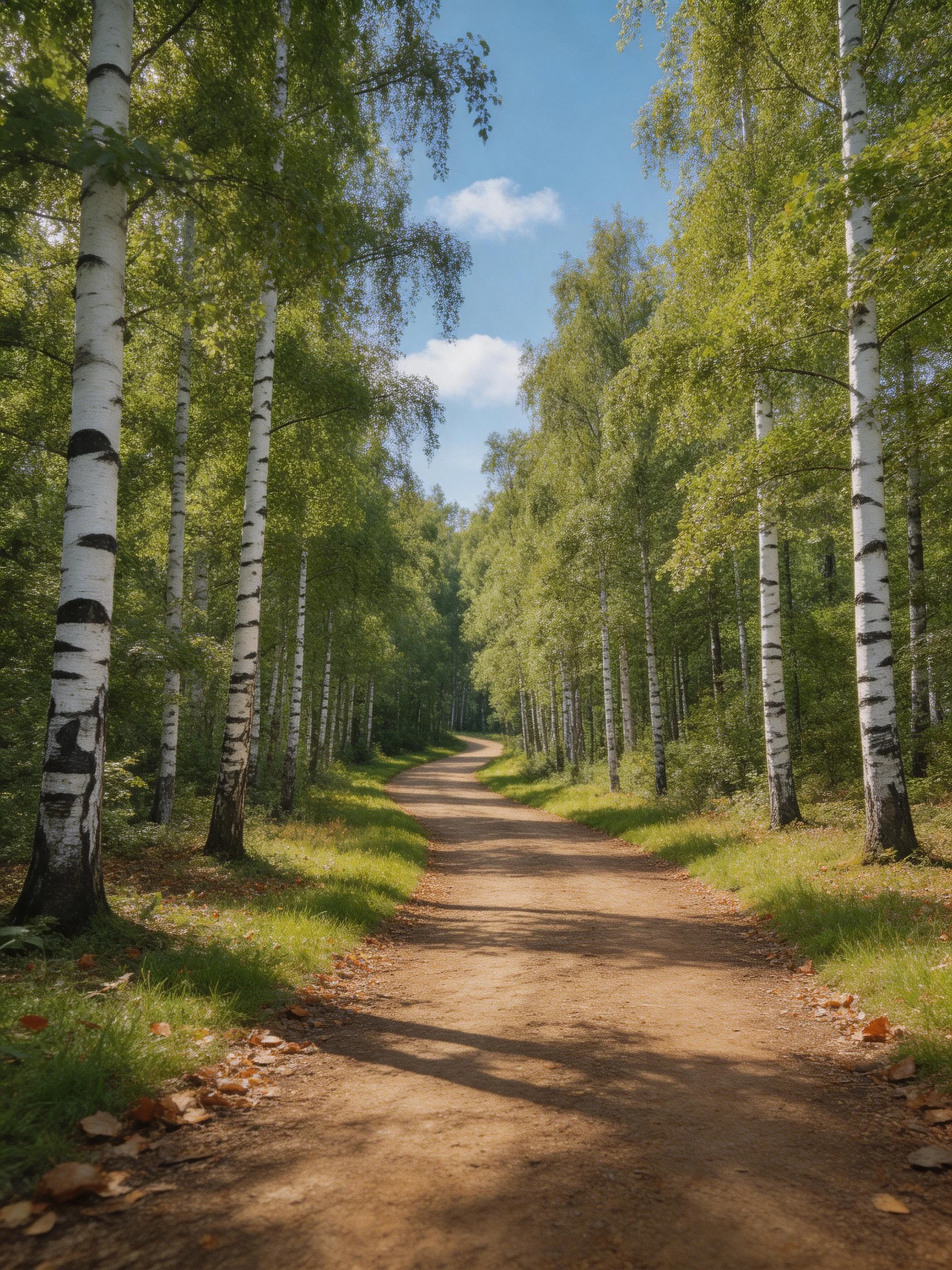 A winding dirt path flanked by tall white-barked birch trees