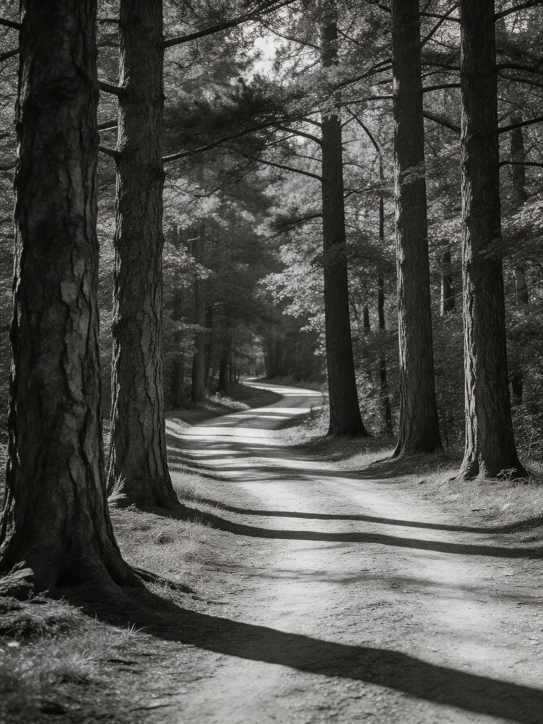 A winding dirt path flanked by towering pine trees in monochrome