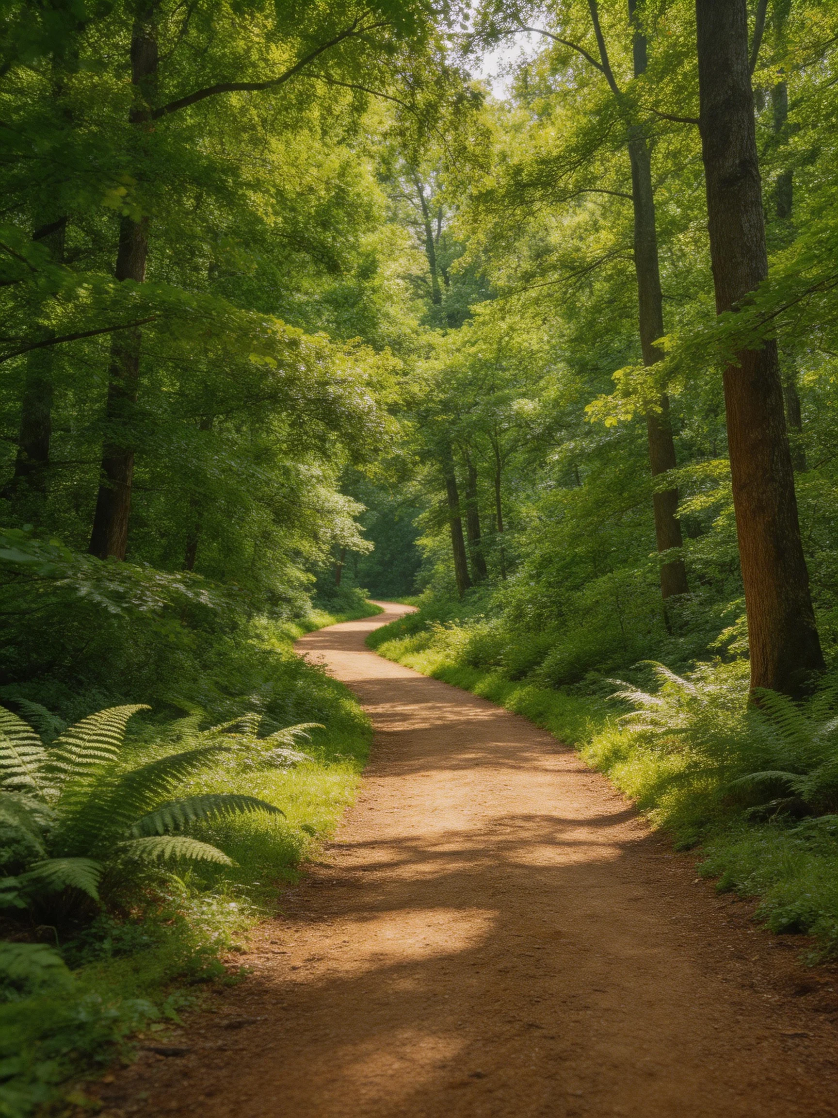 A winding dirt path in a dense, verdant forest