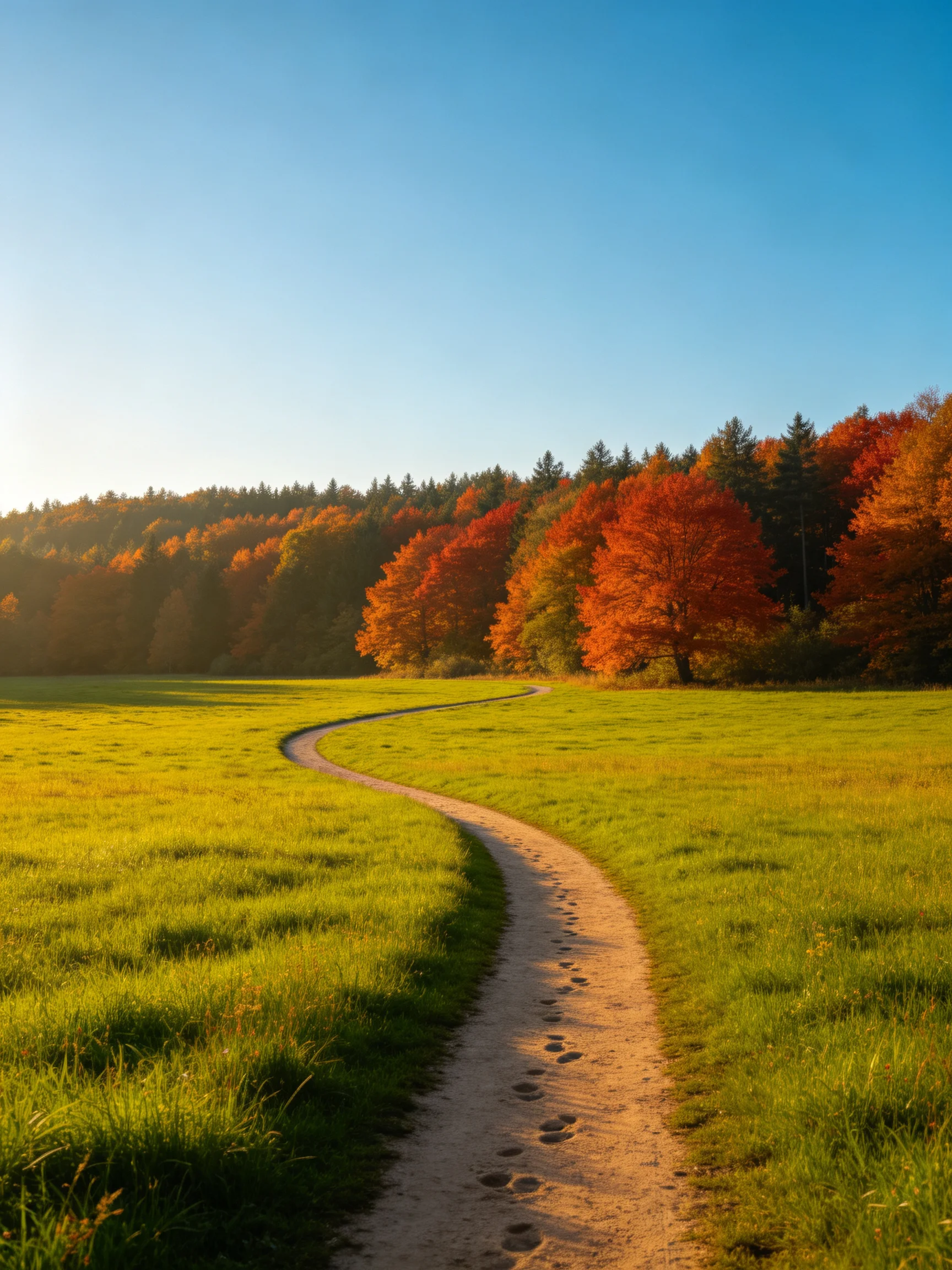 A winding dirt path leads througha lush green meadow toward vibrant autumn forest