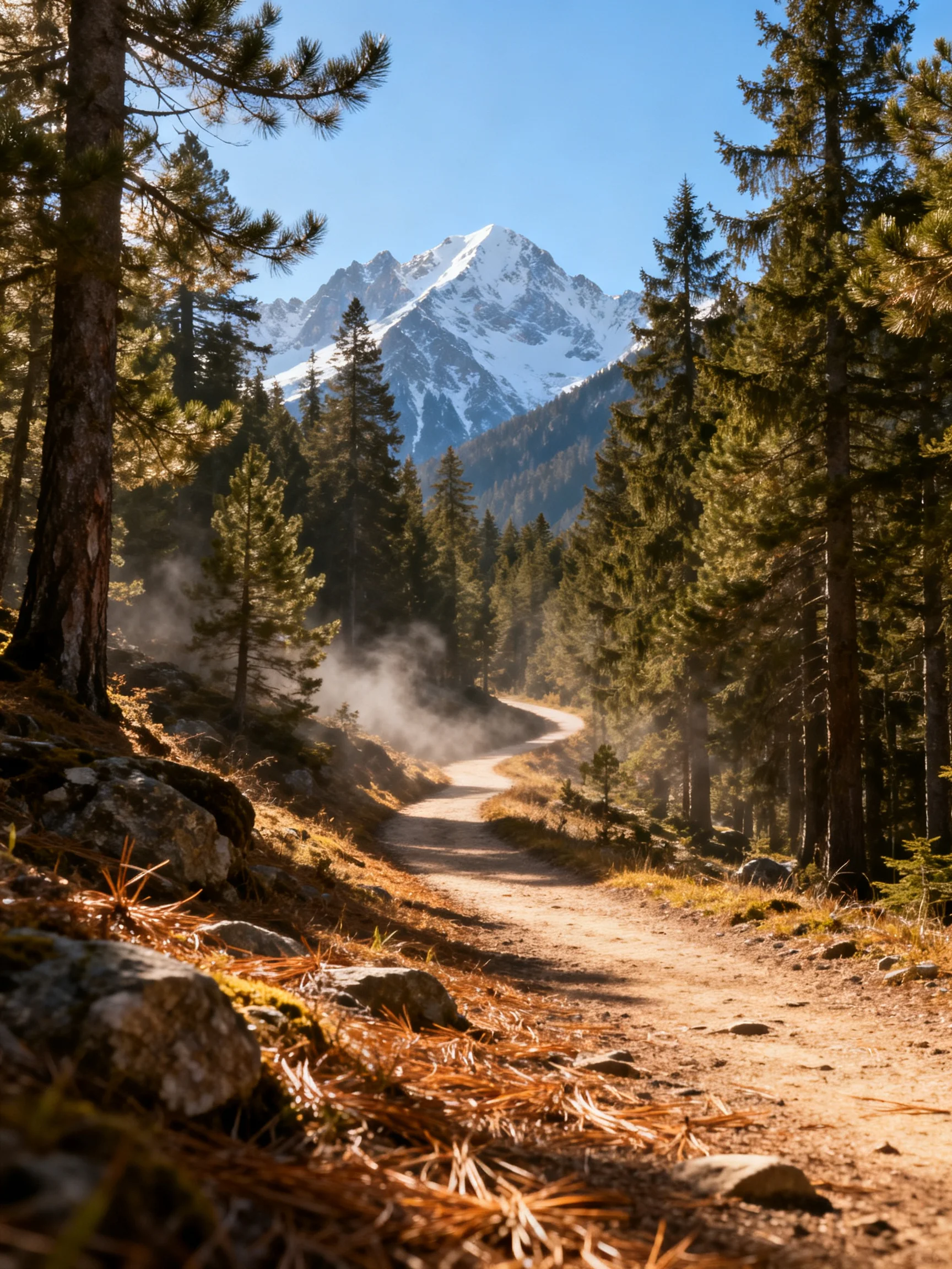 A winding dirt path leads toward a snow - capped mountain through dense pine forests
