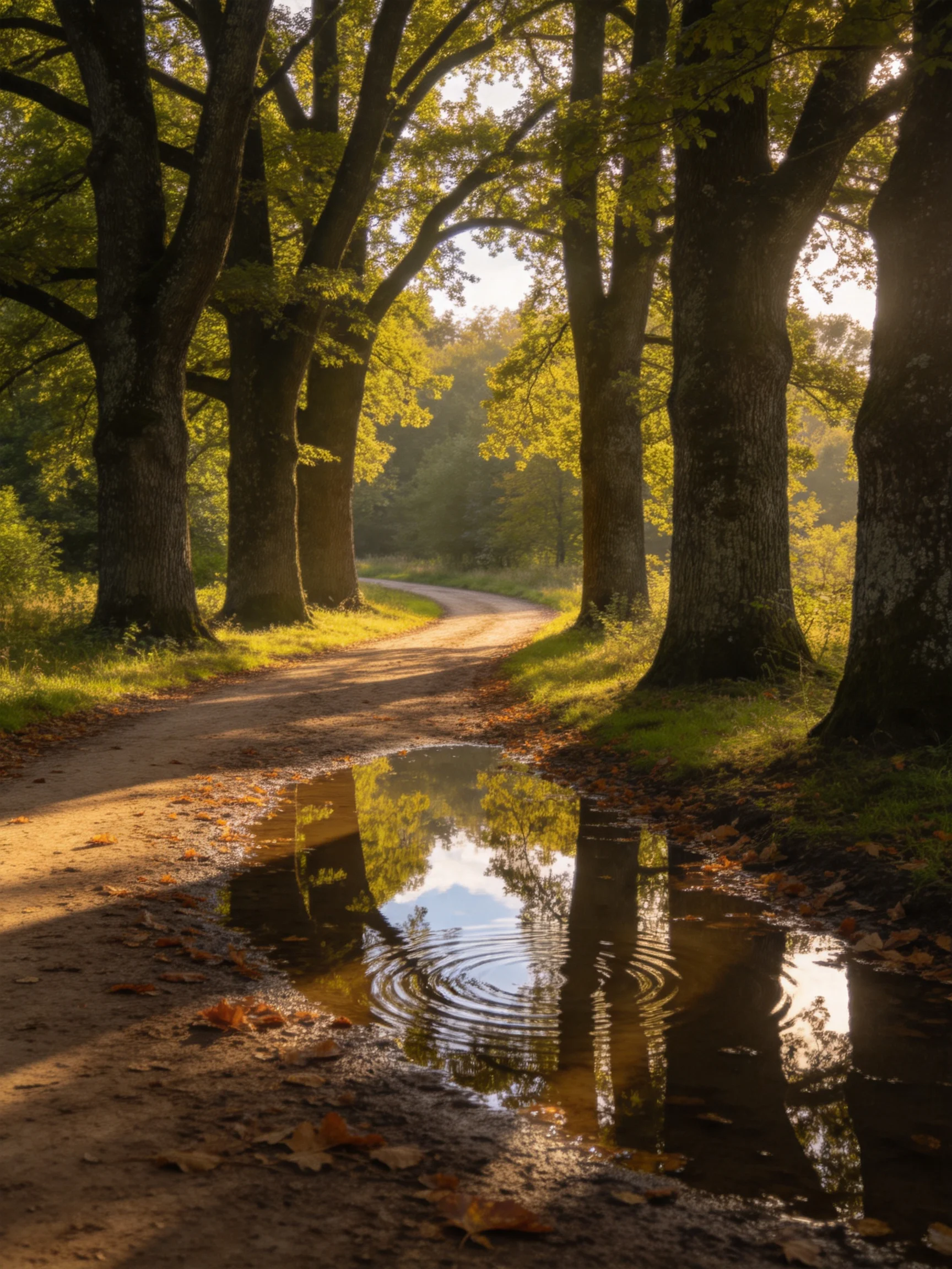 A winding dirt path lined with tall trees has a reflective puddle