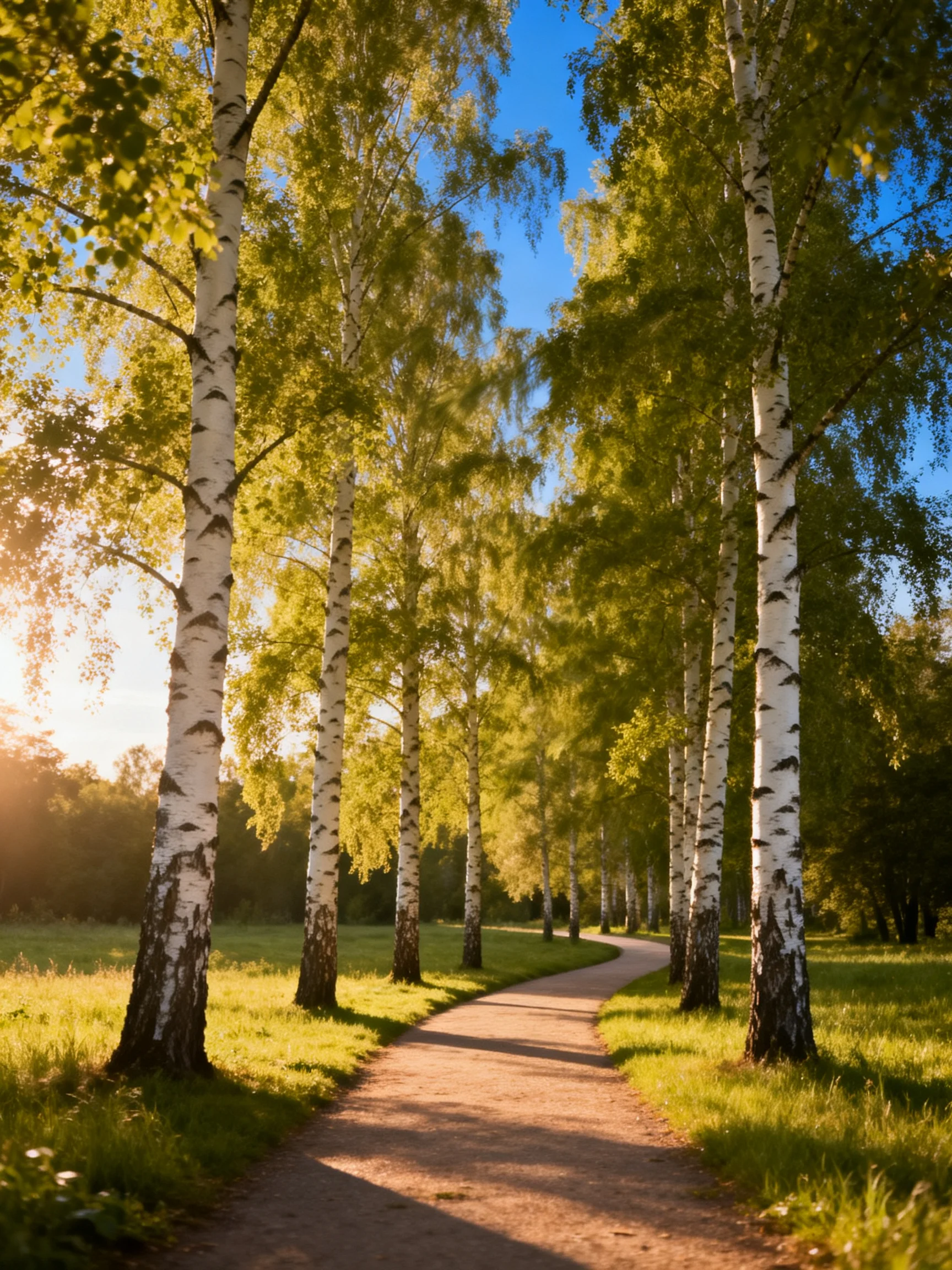 A winding dirt path lined with tall white-barked birches under golden sunlight