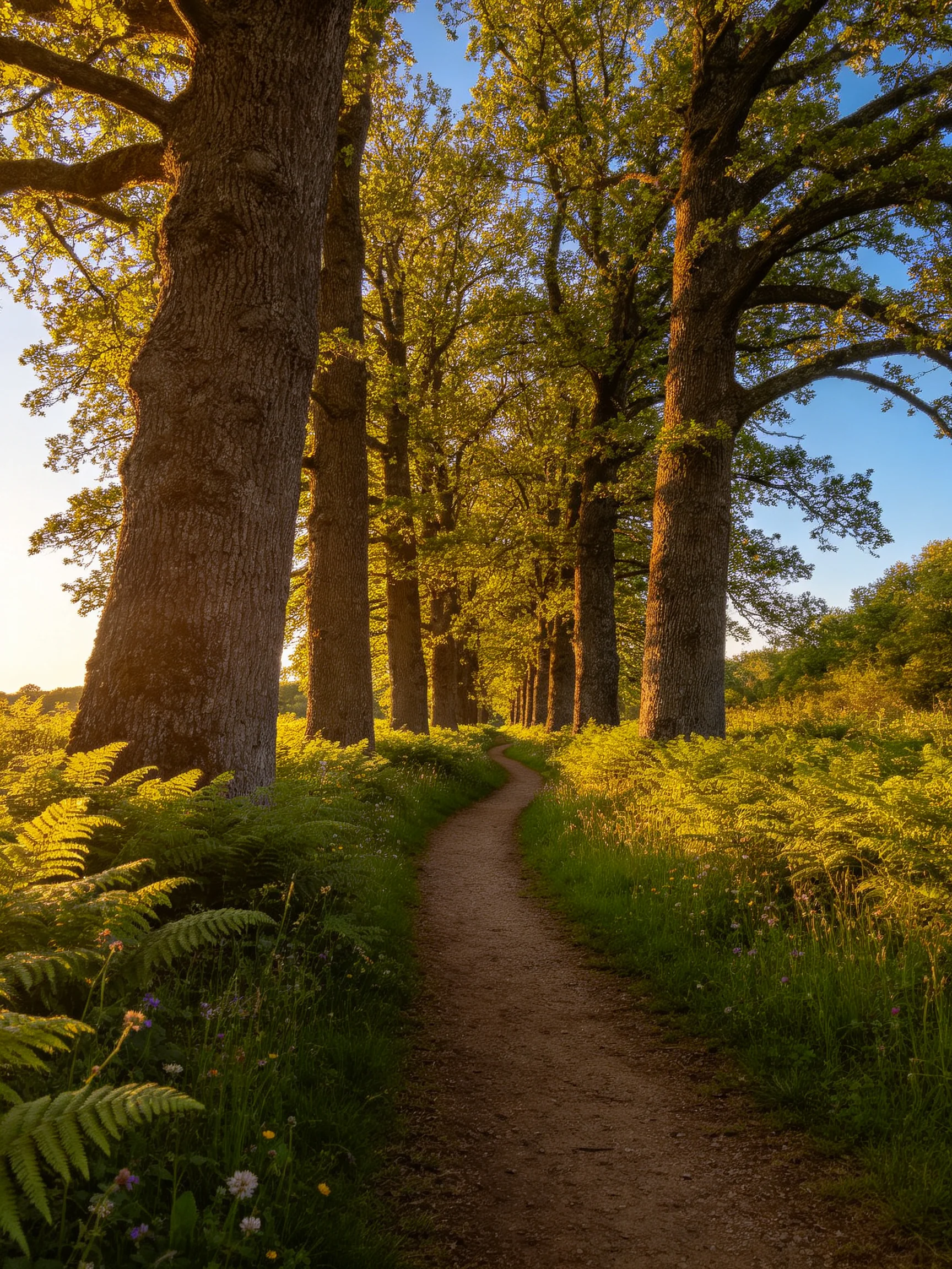 A winding dirt path runs between tall oak trees and golden ferns in a sunlit