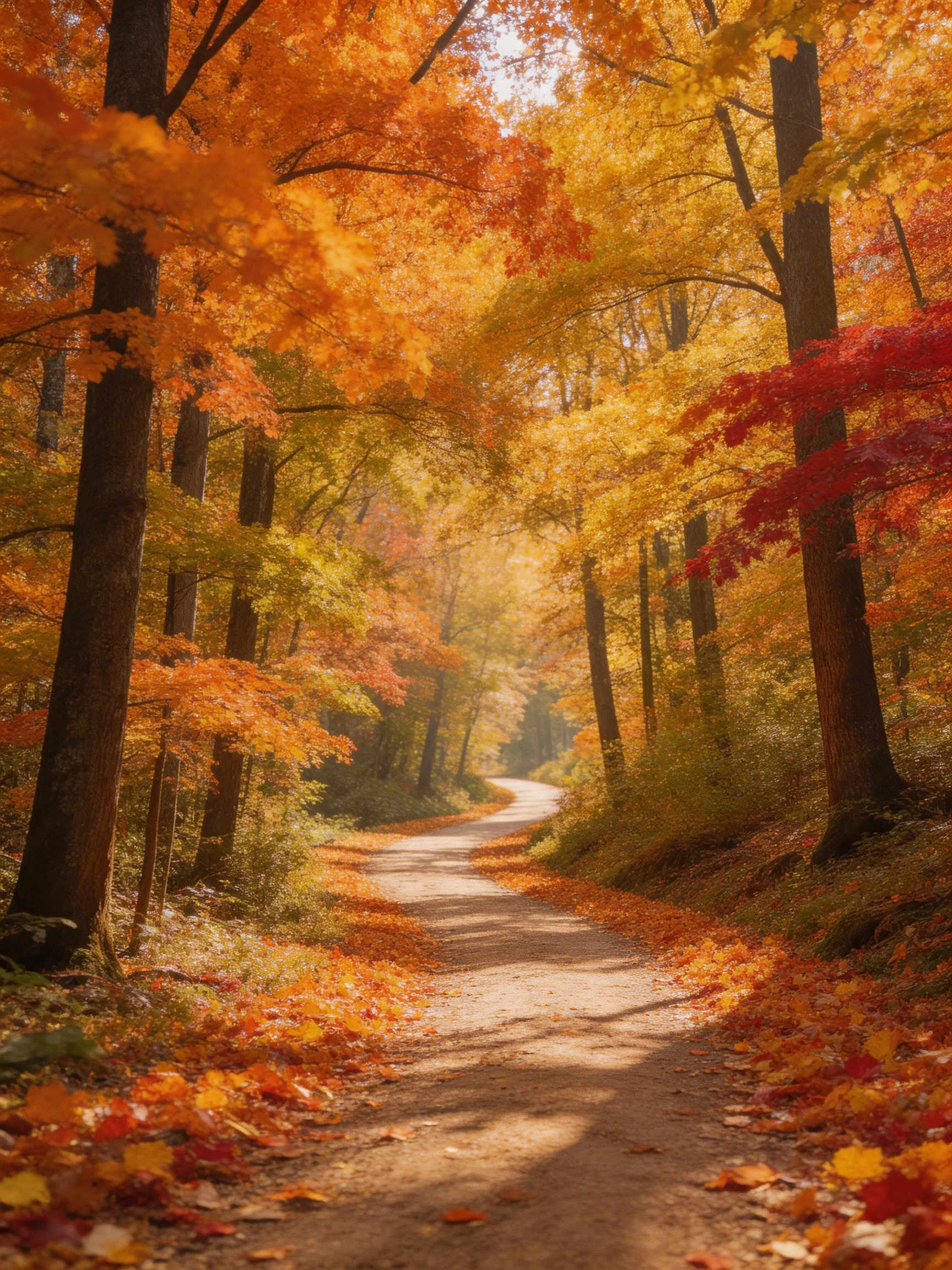 A winding dirt path surrounded by multicolored autumn trees