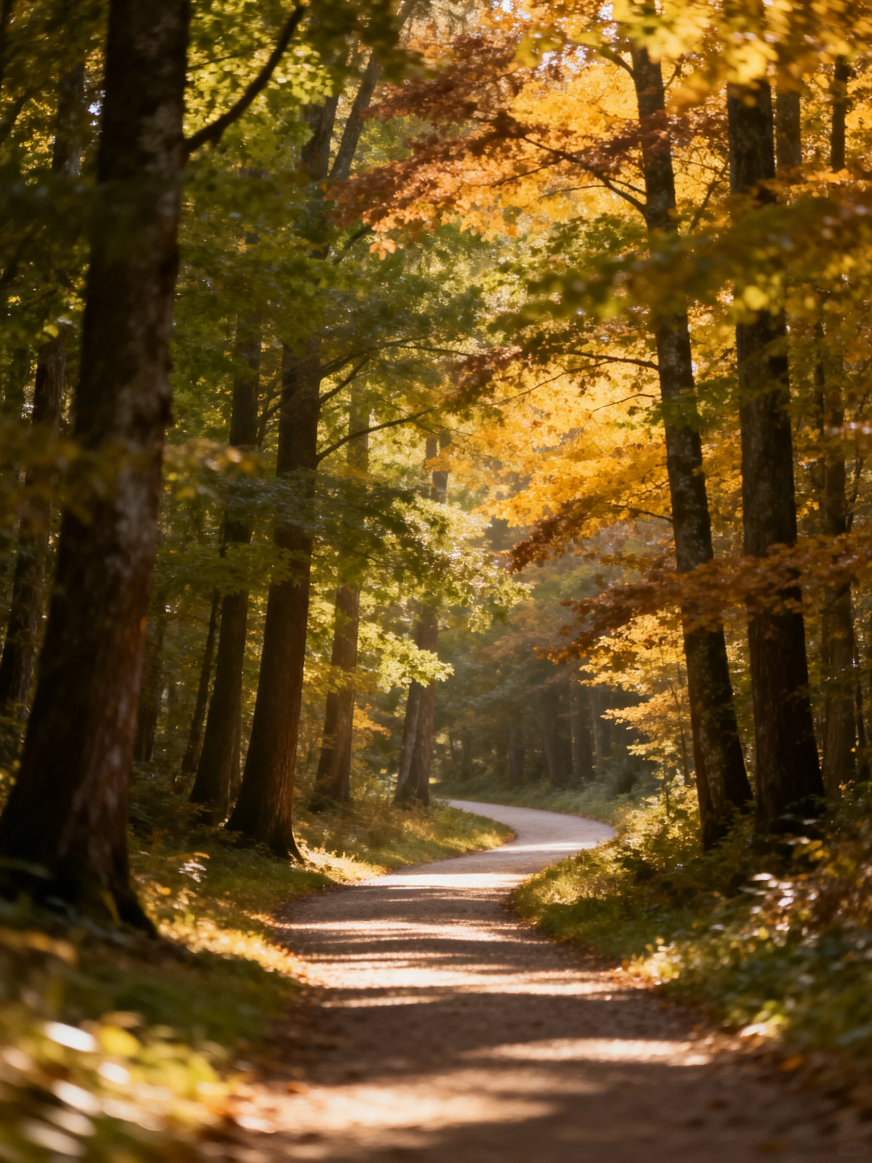A winding dirt path surrounded by tall golden and green forest trees