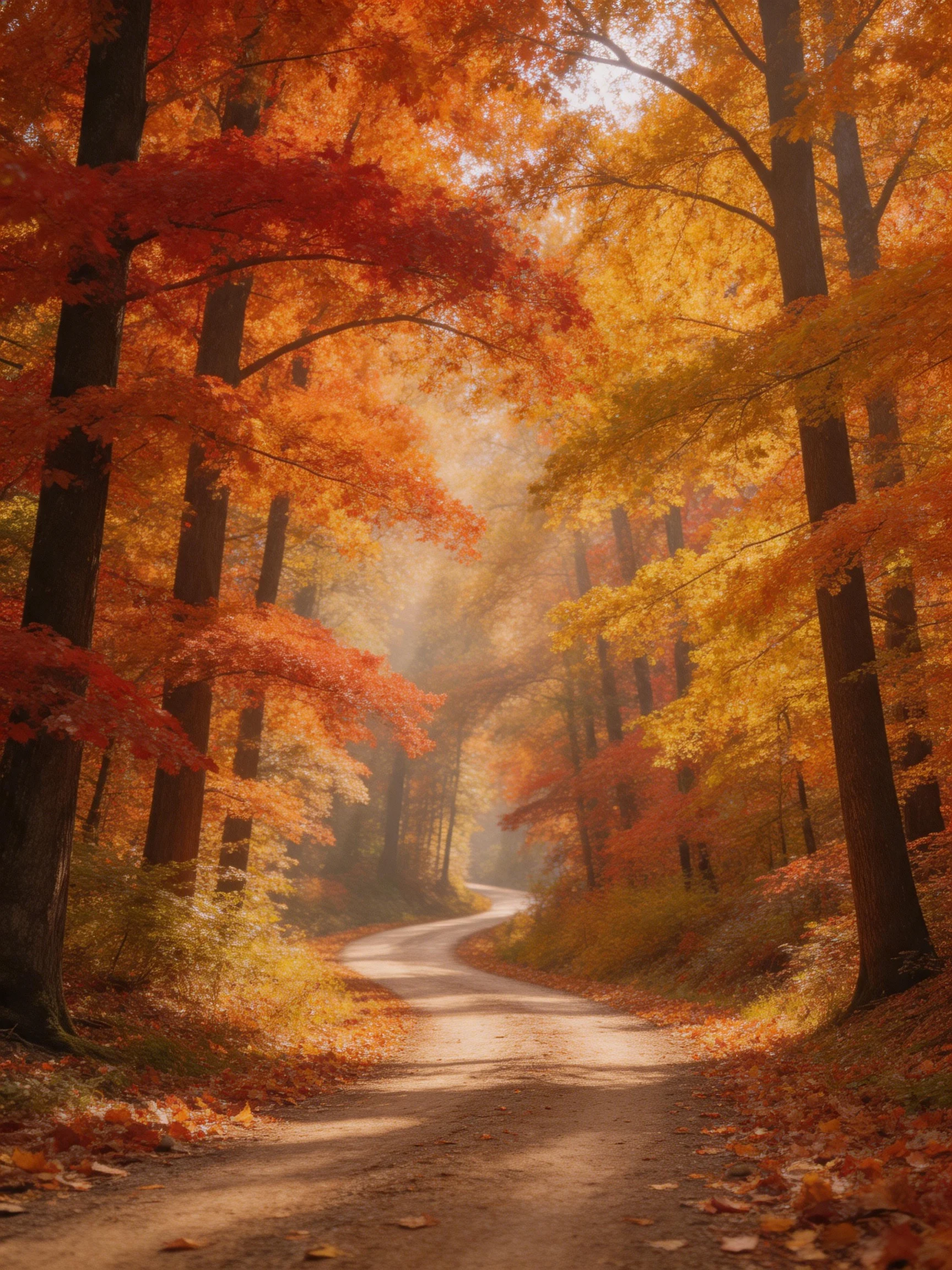 A winding dirt path surrounded by vibrant autumn foliage