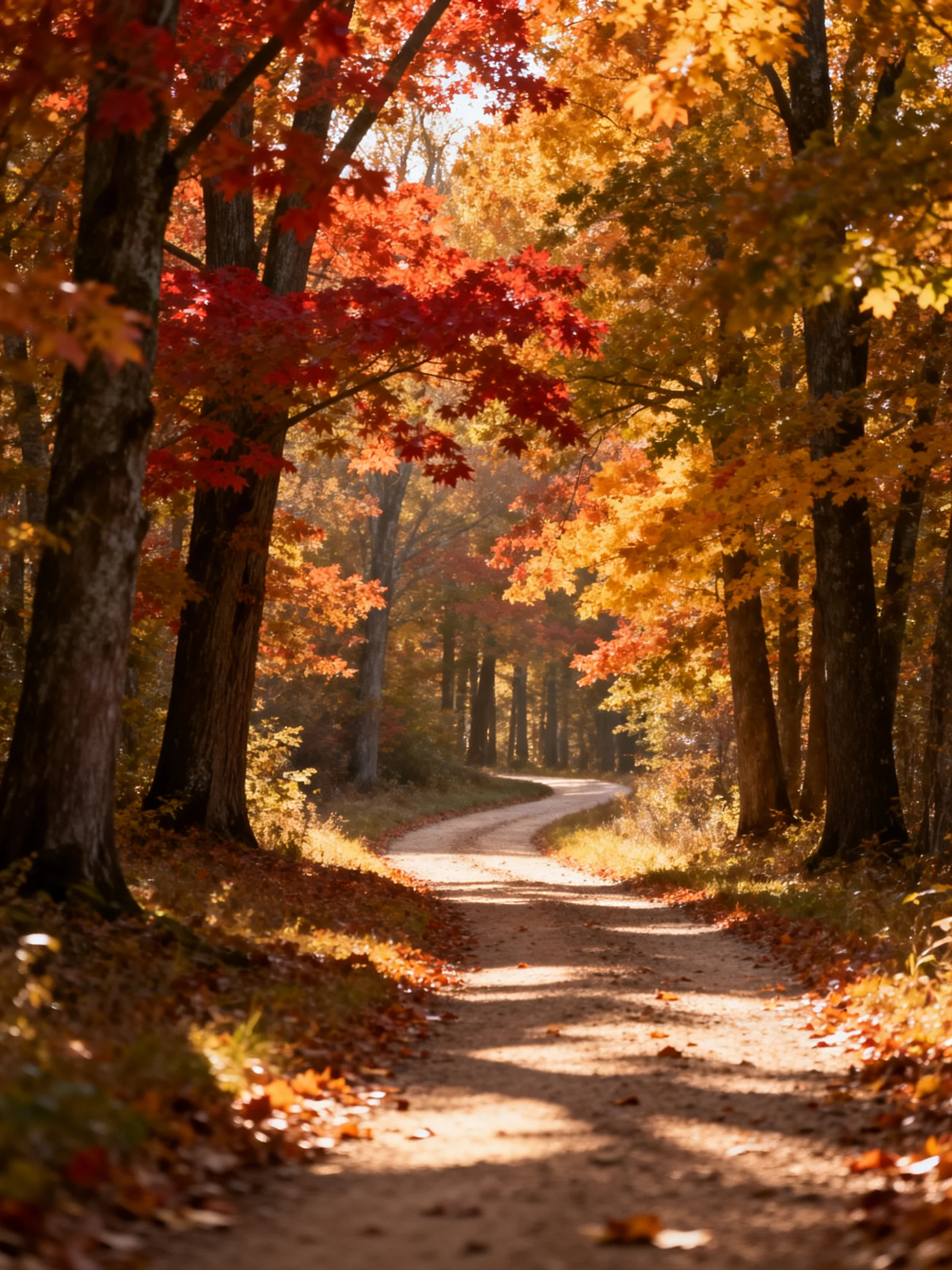 A winding dirt path surrounded by vibrant fall foliage