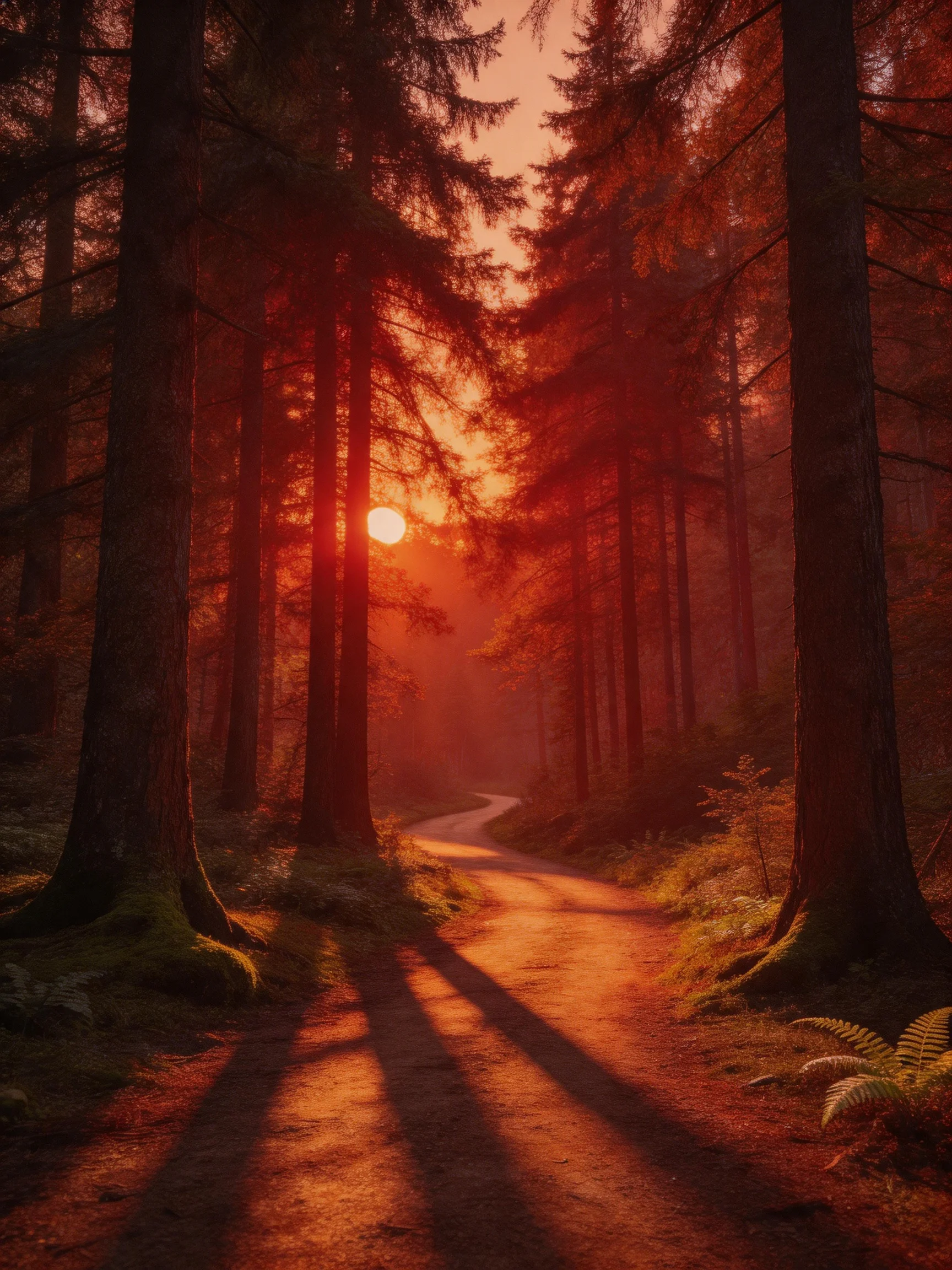 A winding dirt path through a dense forest bathed in warm sunset light