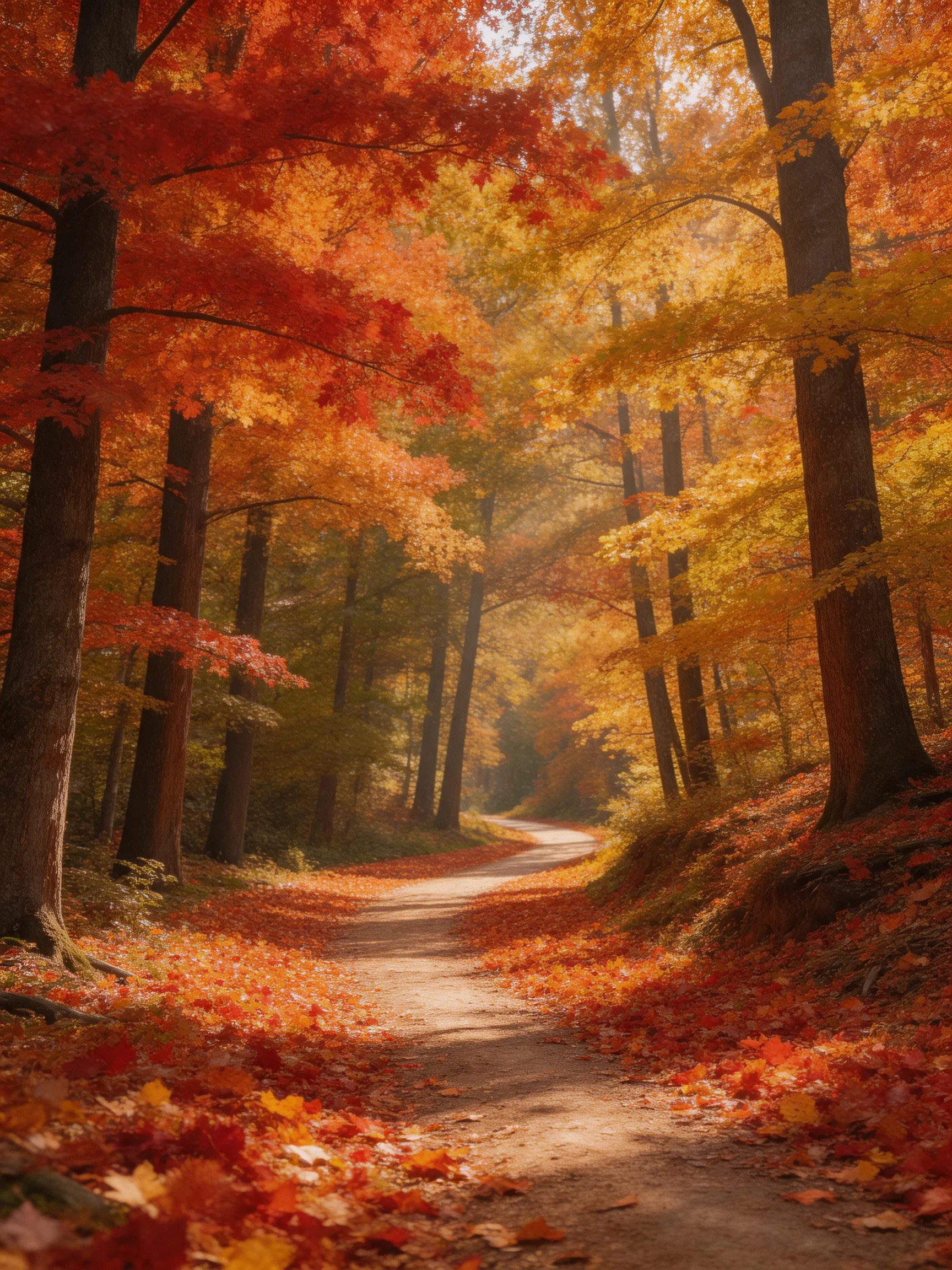 A winding dirt path through a forest of colorful fall trees