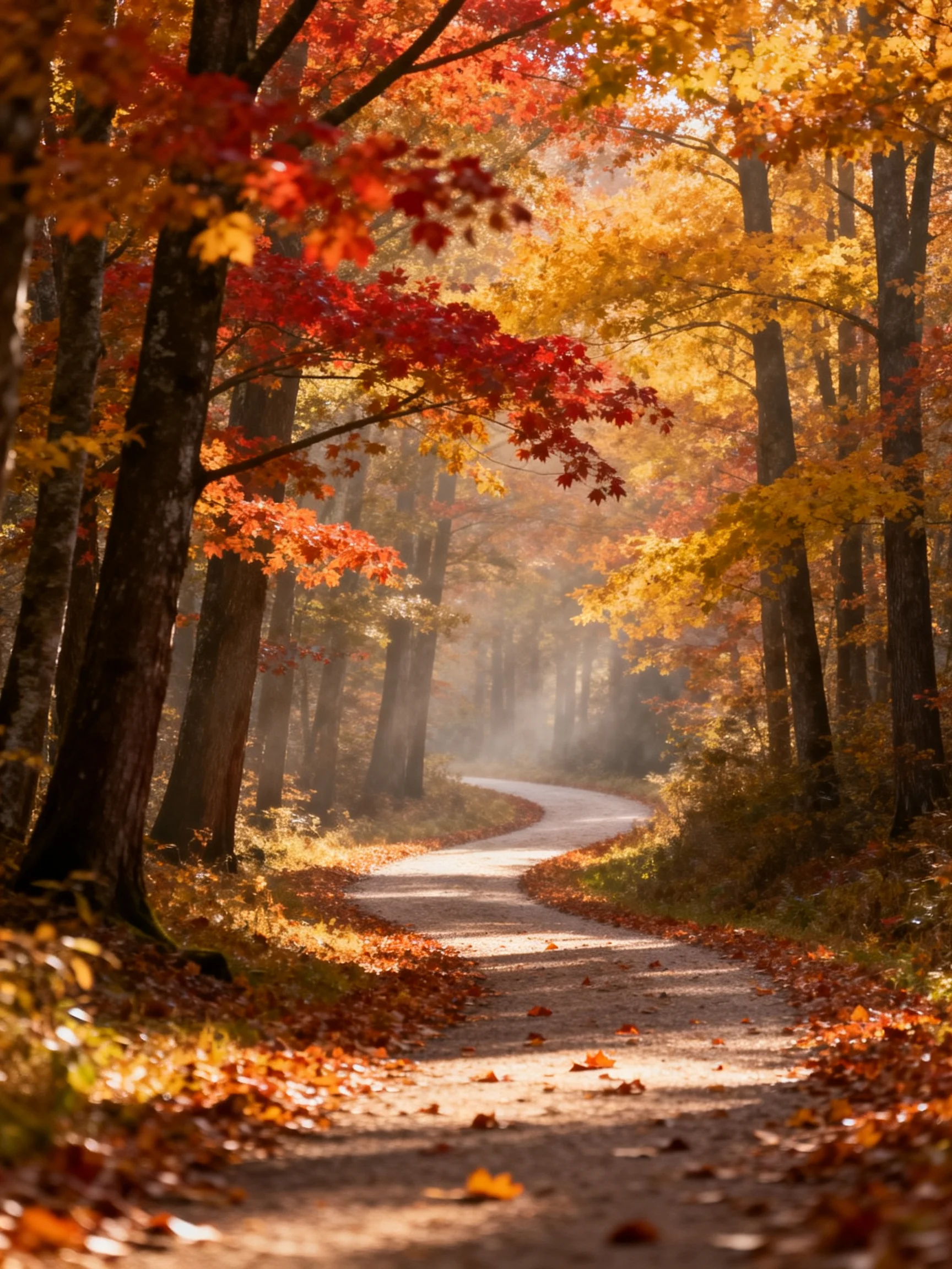 A winding dirt path through a forest of vibrant red and golden trees