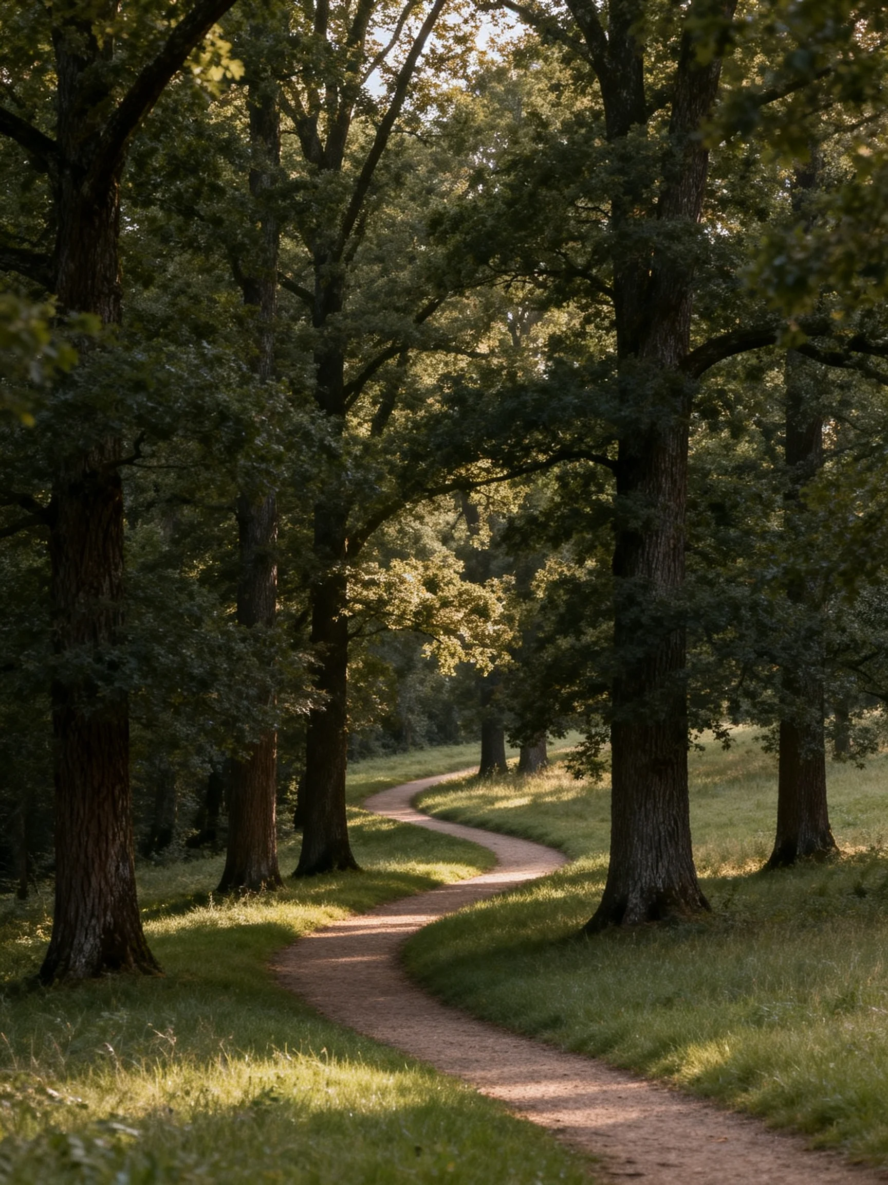 A winding dirt path through a lush green forest with tall trees