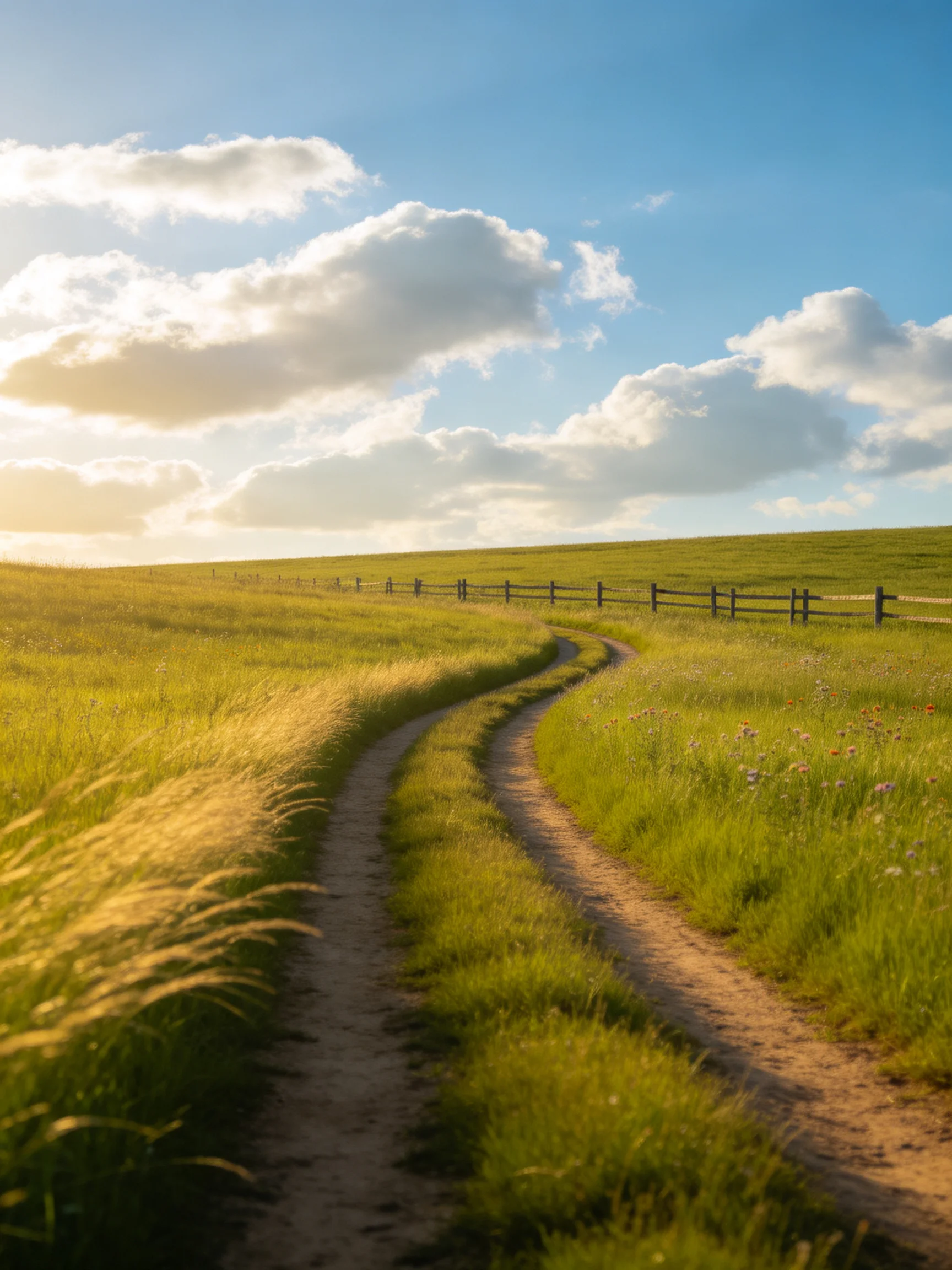 A winding dirt path through a lush green meadow with a wooden fence under blue skies