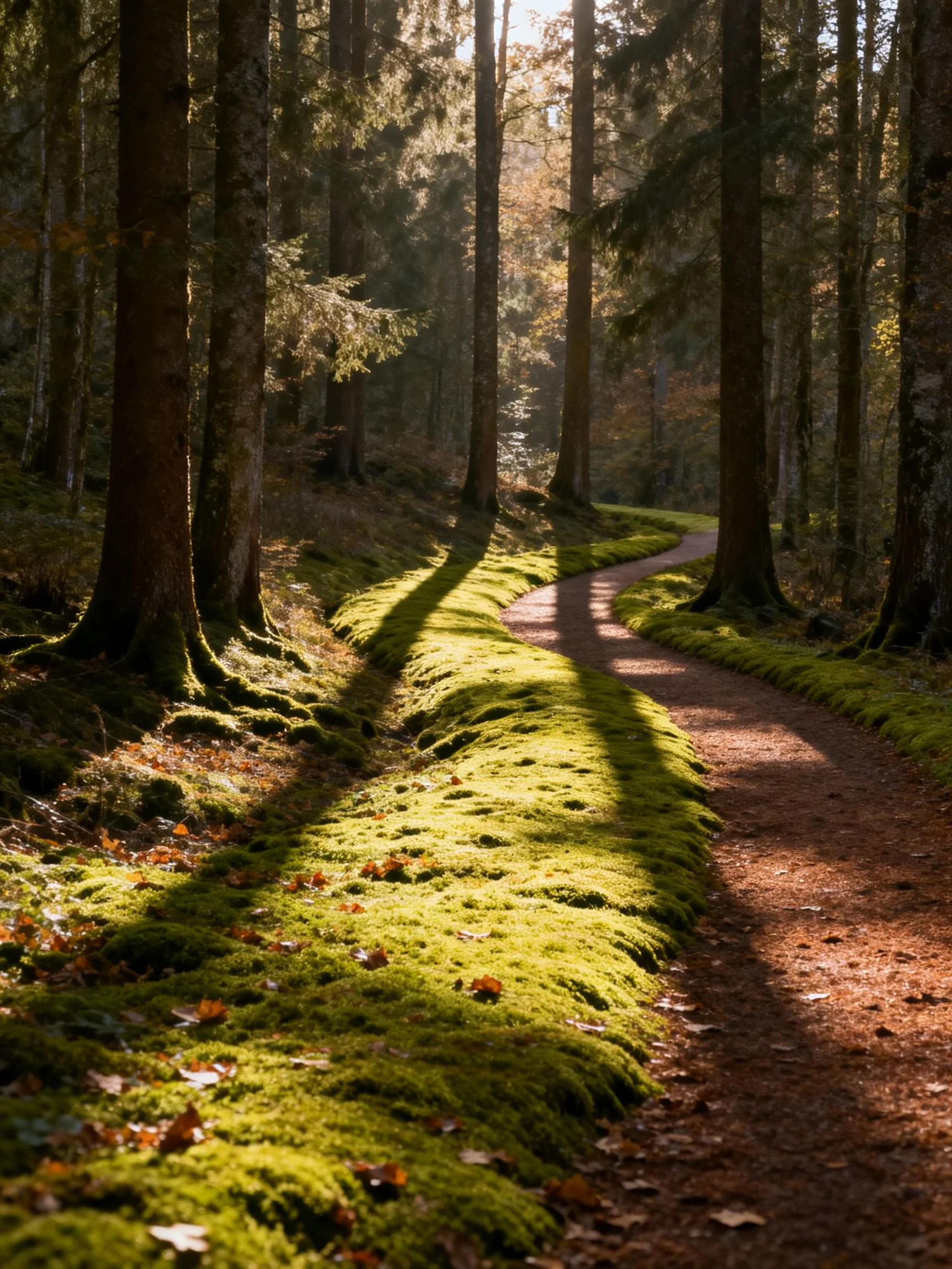 A winding dirt path through a lush, sun-dappled forest