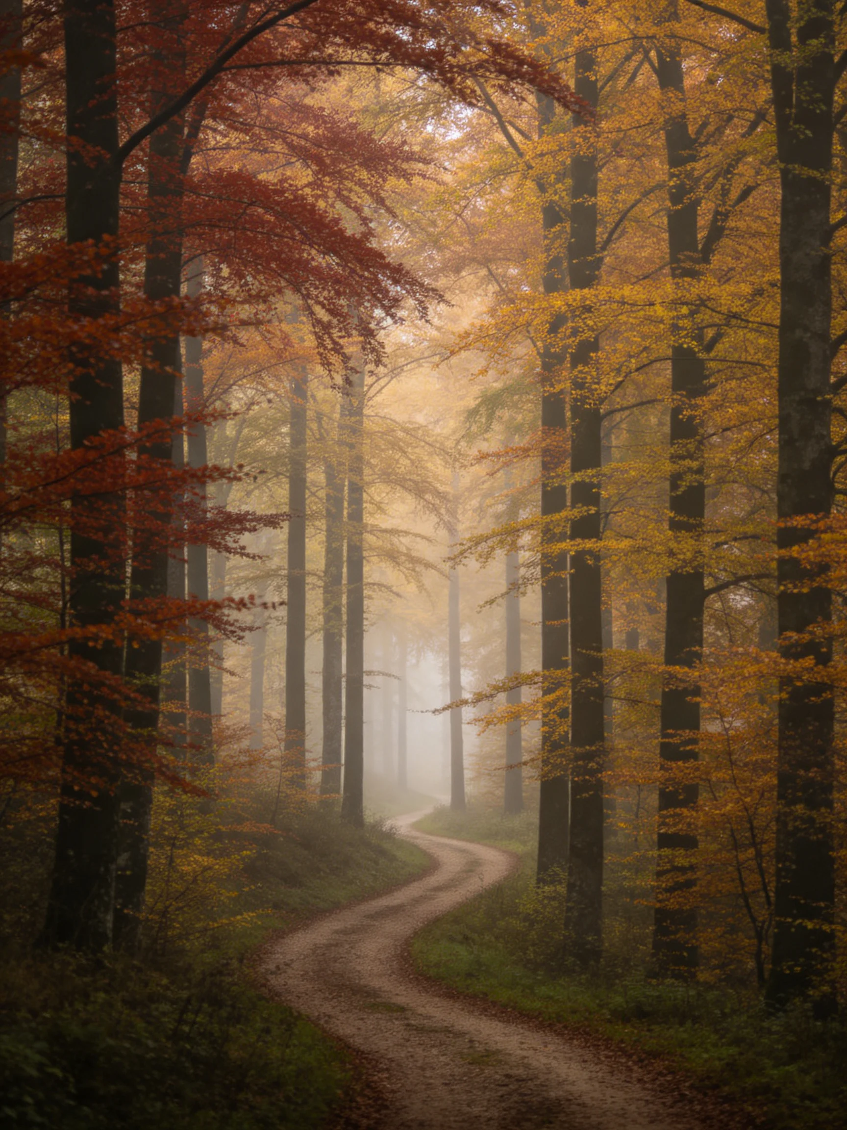 A winding dirt path through a misty autumn forest with red and golden trees