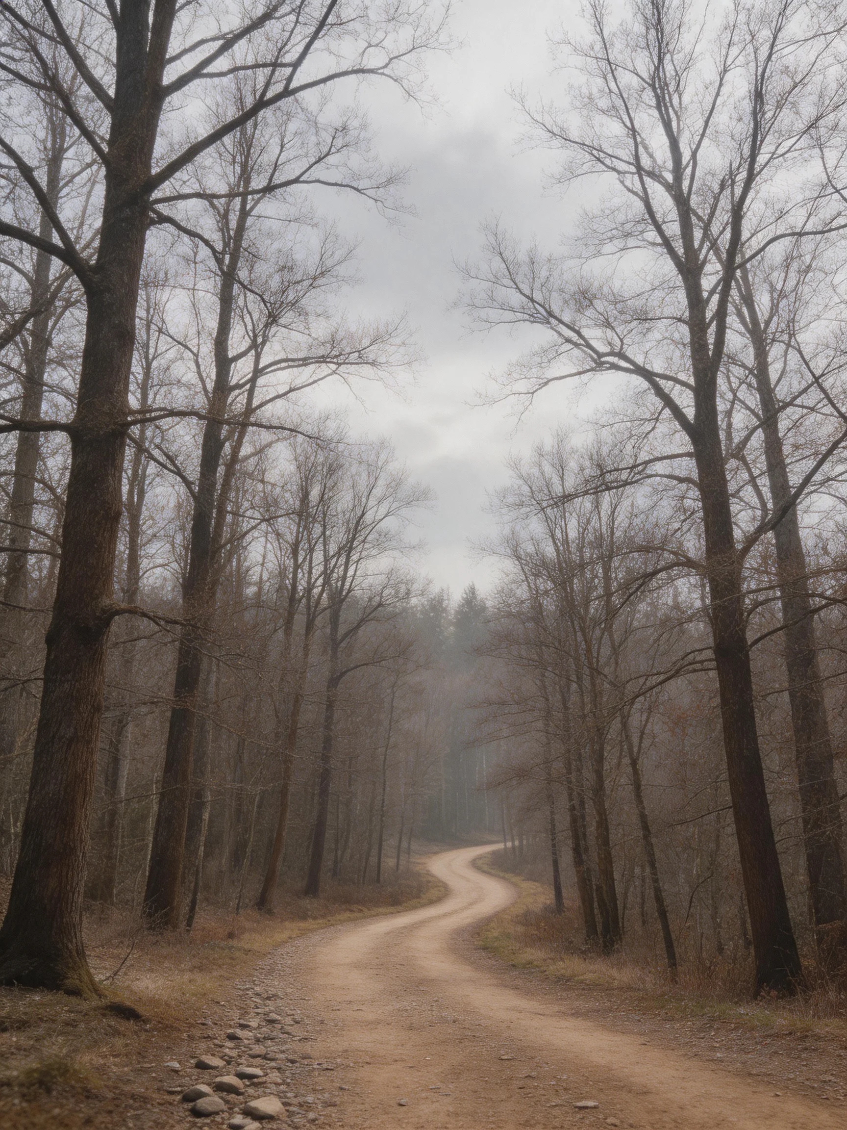 A winding dirt path through a misty forest of tall leafless trees