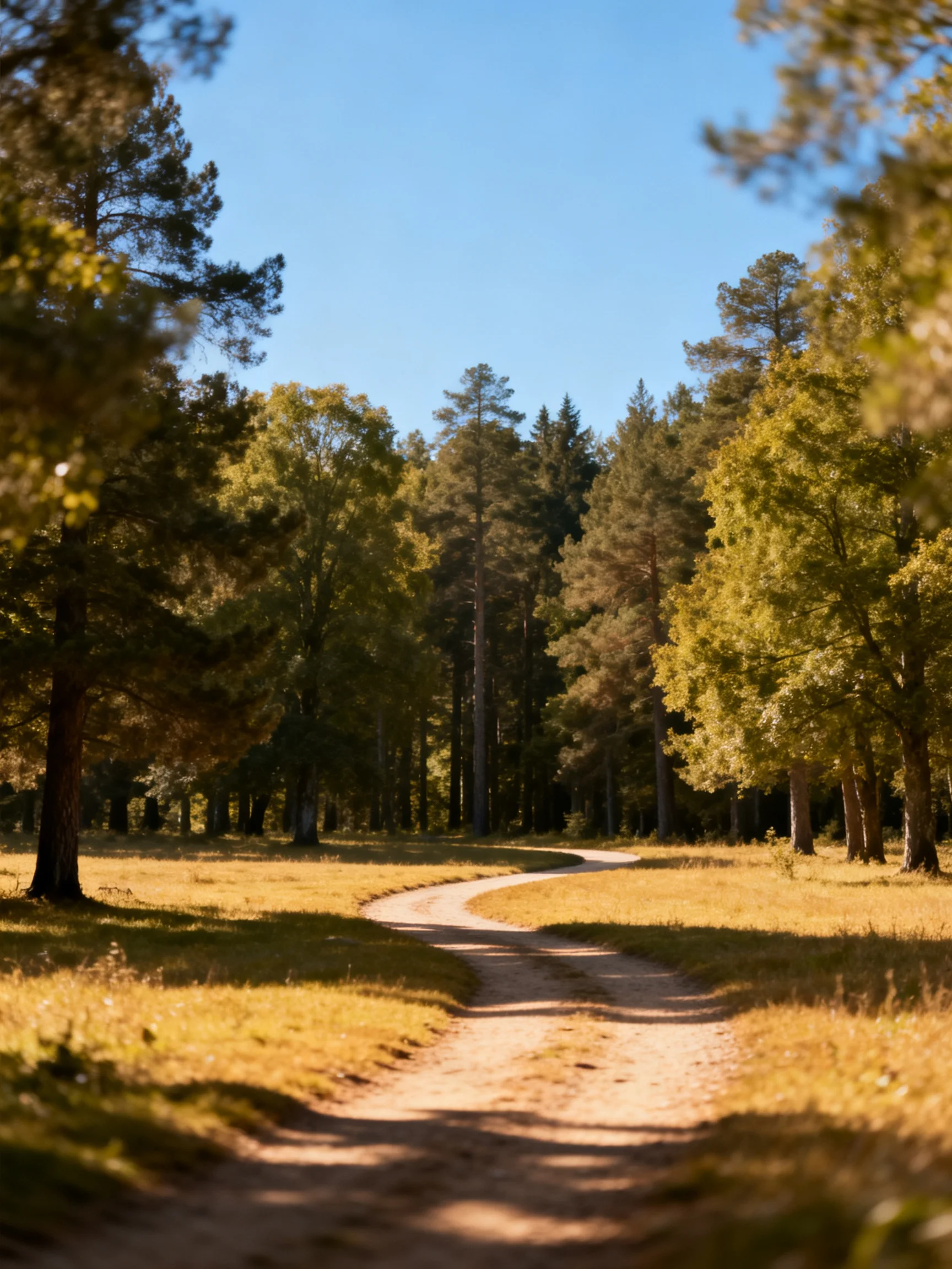 A winding dirt path through a sun-dappled forest clearing