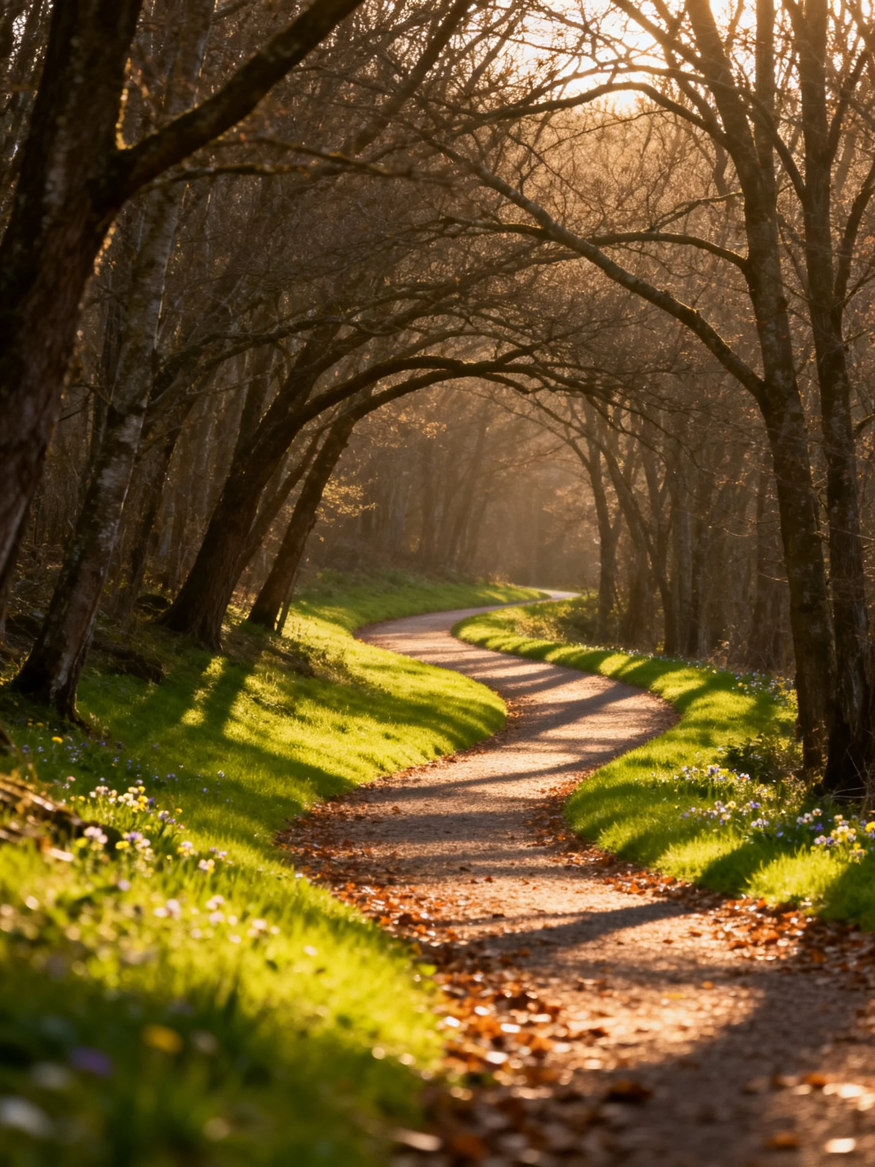 A winding dirt path through a tree-lined forest glade