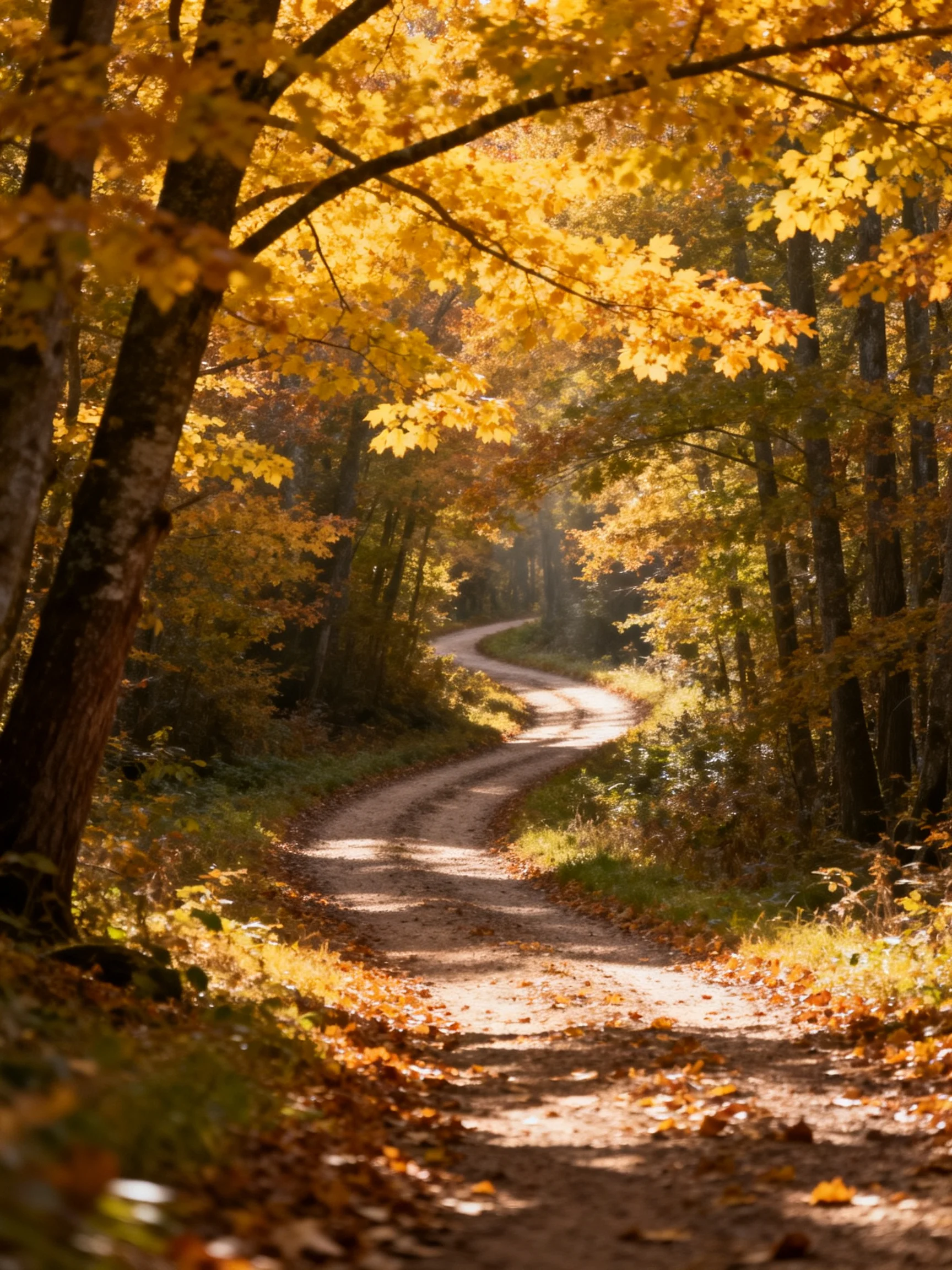 A winding dirt path through an autumn forest with golden foliage