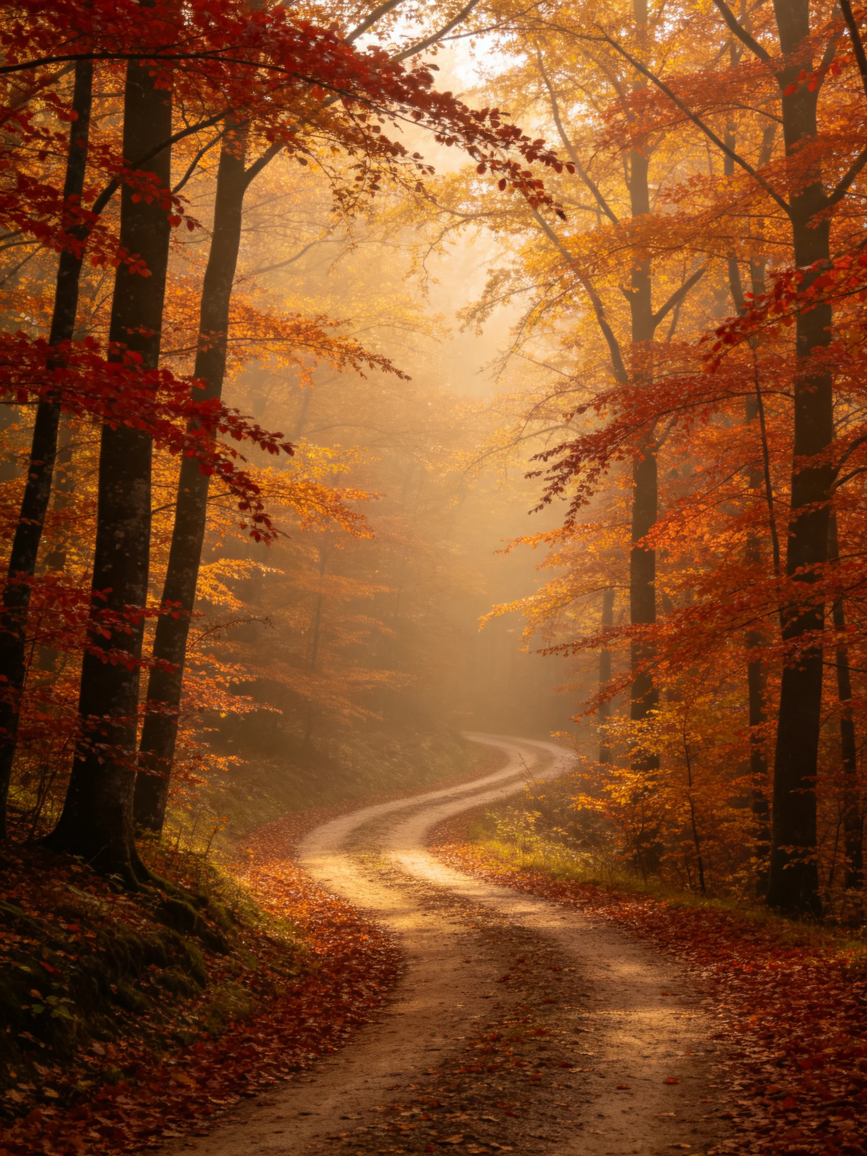 A winding dirt path through an autumn forest with golden foliage