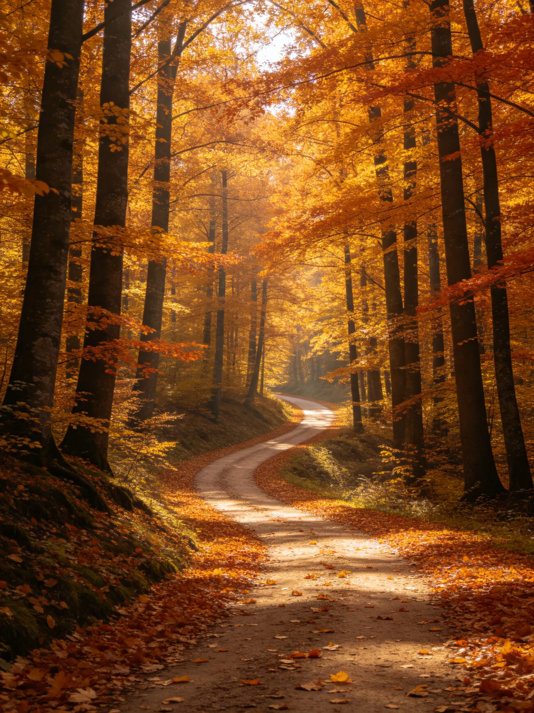 A winding dirt path through an autumn forest with golden foliage
