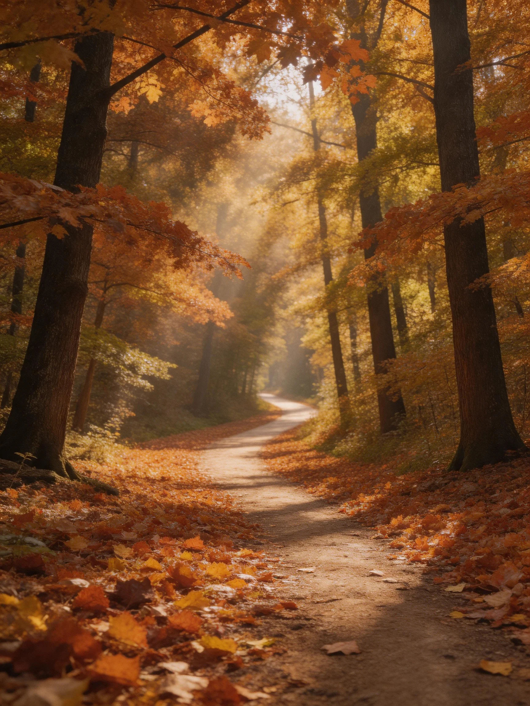 A winding dirt path through an autumn forest with golden foliage