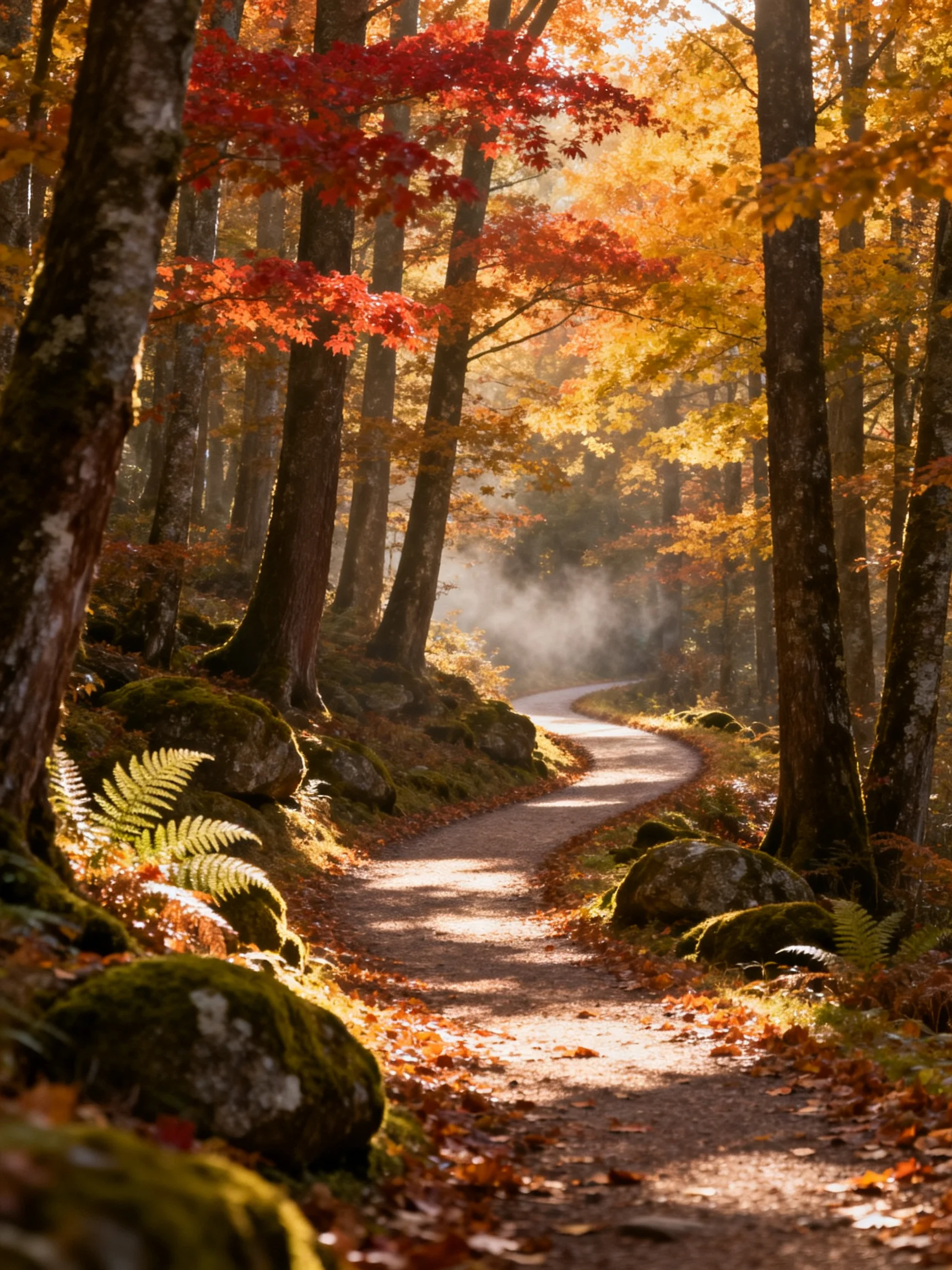 A winding dirt path through an autumn forest with vibrant foliage