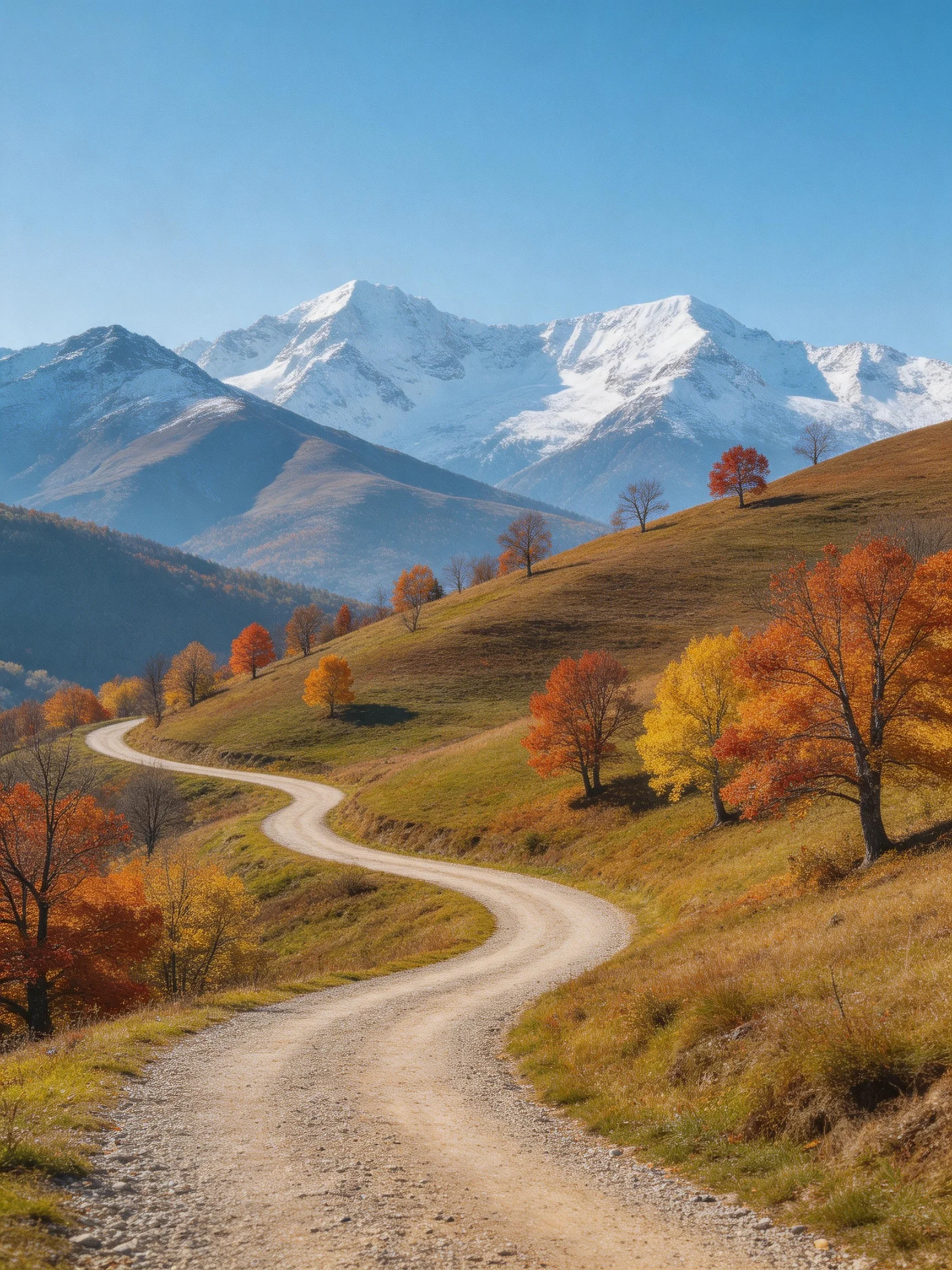 A winding dirt path through autumn hills toward snow - capped peaks