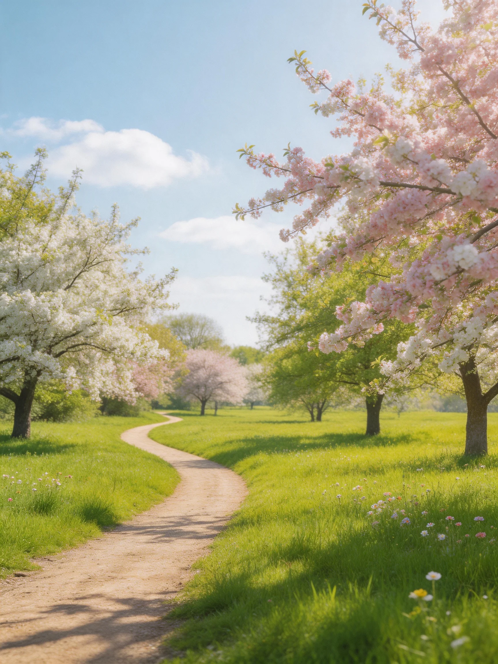 A winding dirt path through blooming pink and white cherry blossom trees