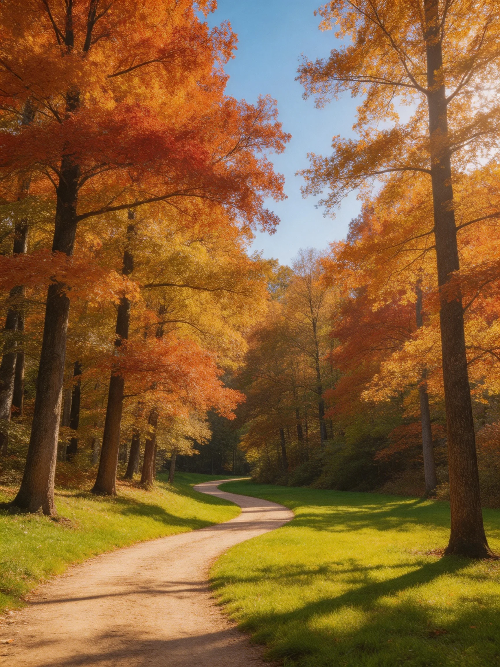 A winding dirt path through colorful autumn forest