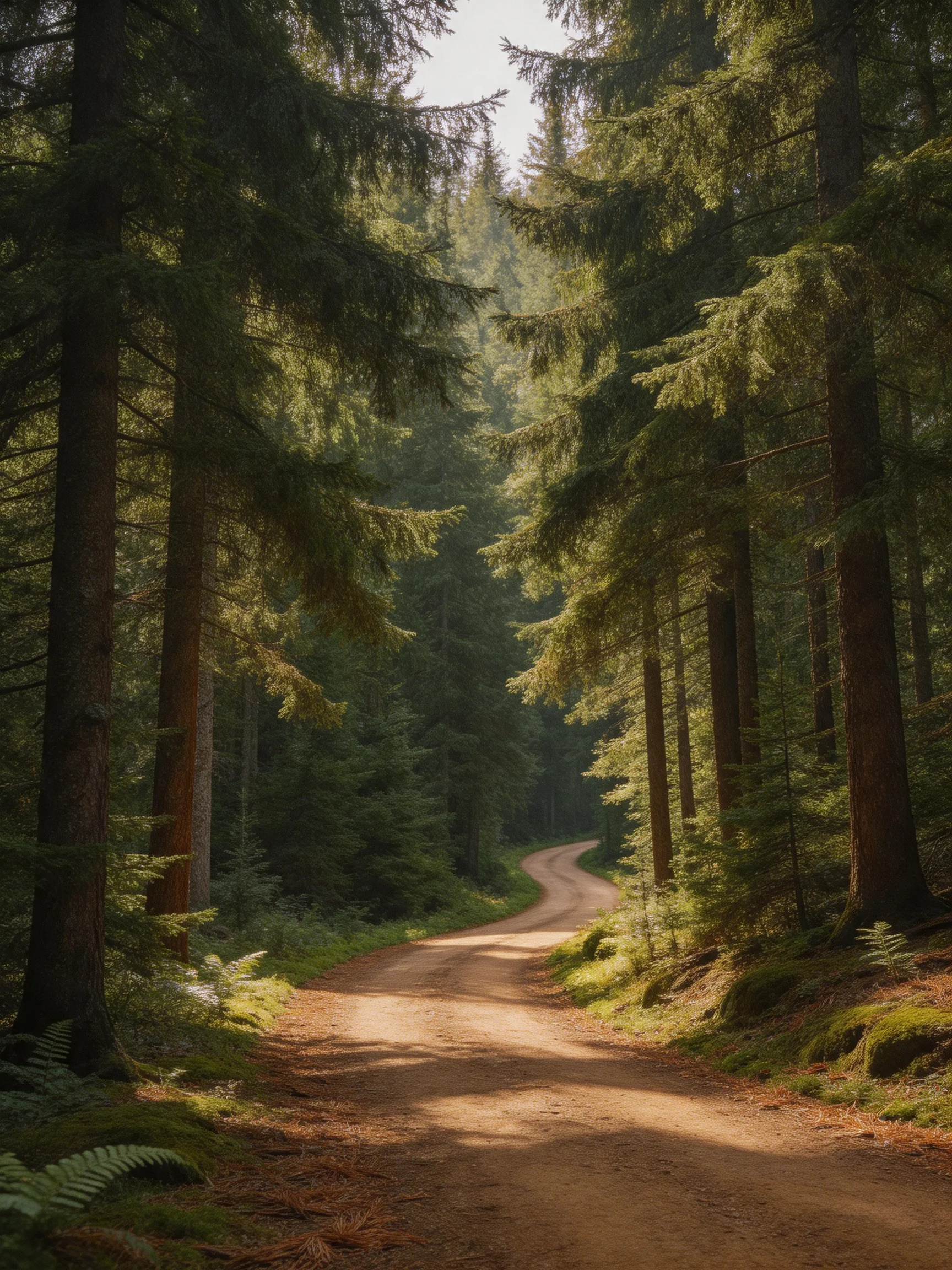 A winding dirt path through dense evergreen forests