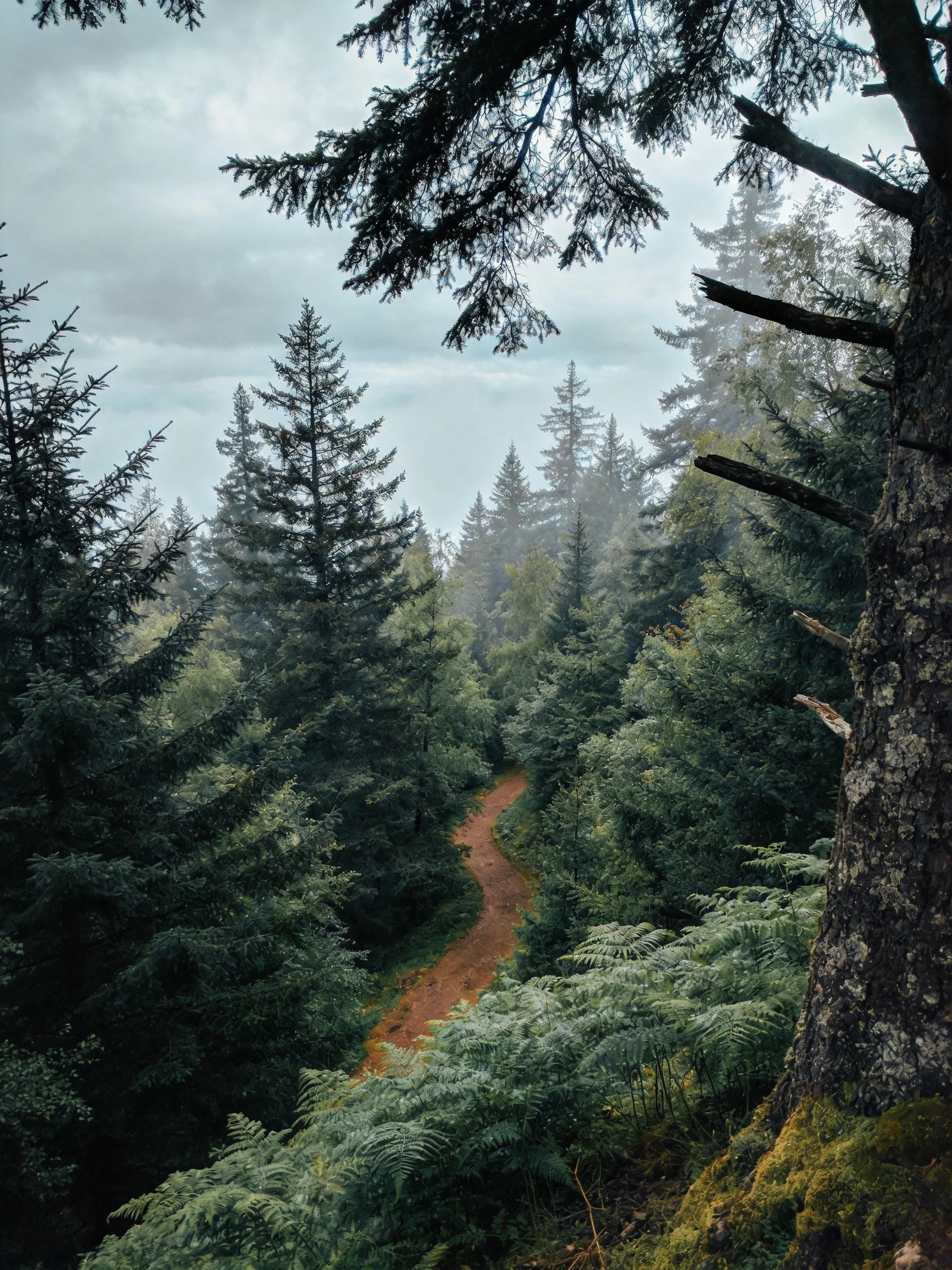 A winding dirt path through dense evergreen forests