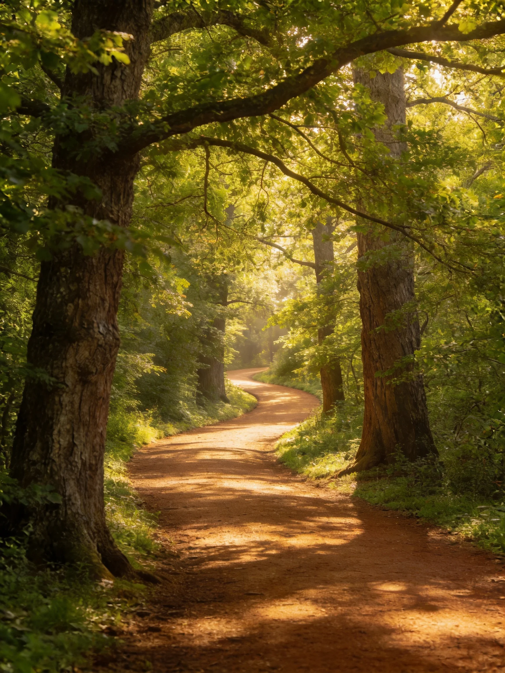 A winding dirt path through dense green forest with golden sunlight