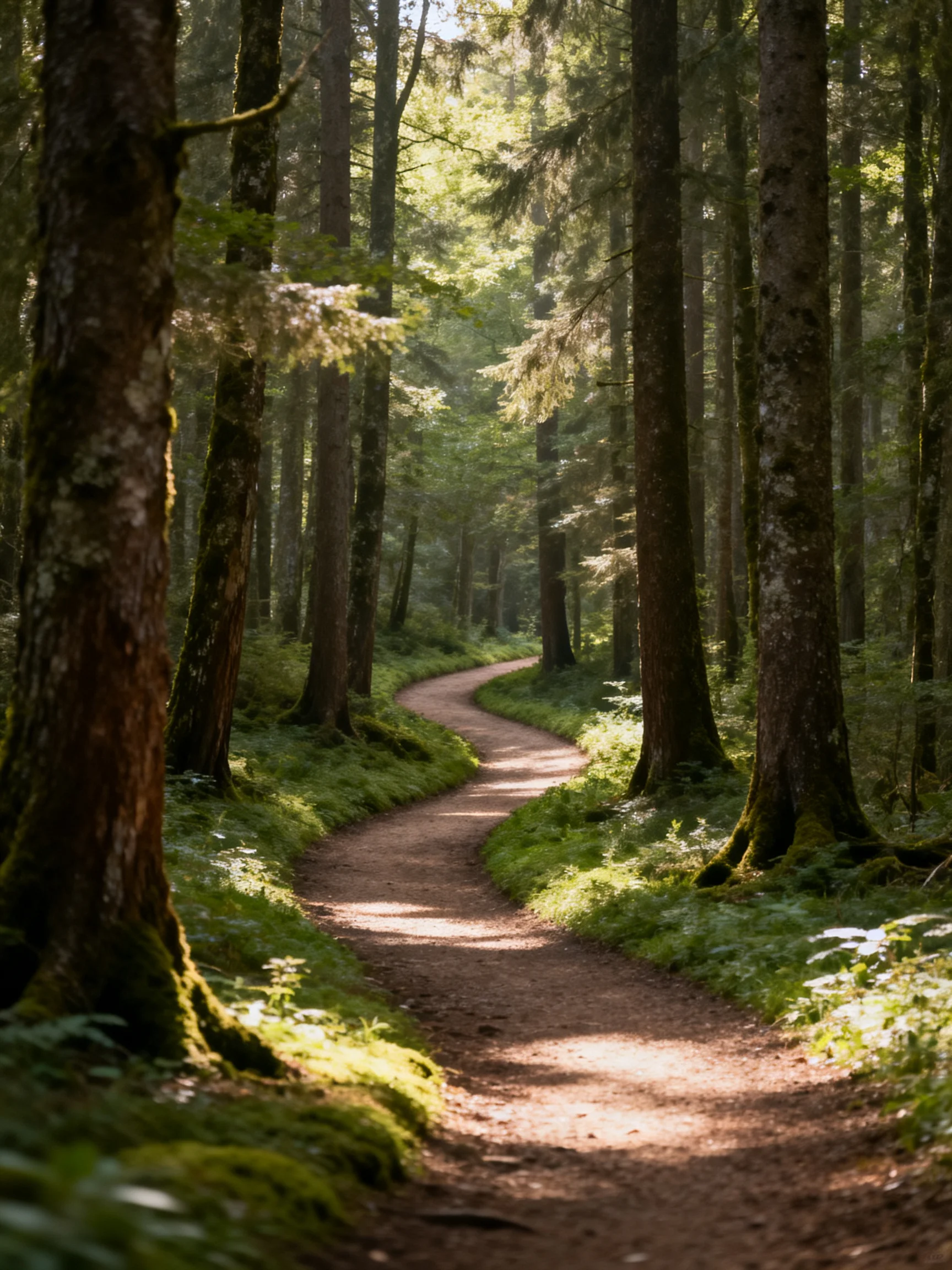 A winding dirt path through dense green forest with tall brown trunks