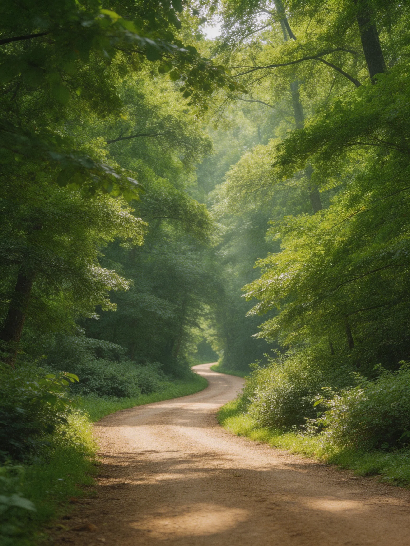 A winding dirt path through dense, lush green forests