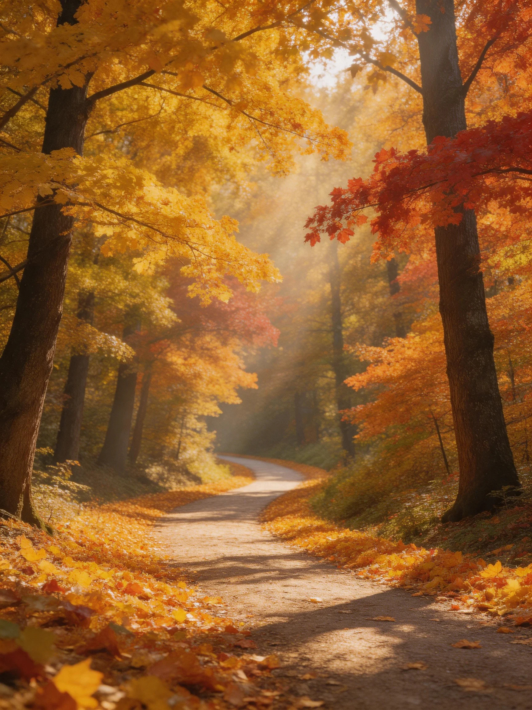 A winding dirt path through golden and crimson autumn forest with sunlight