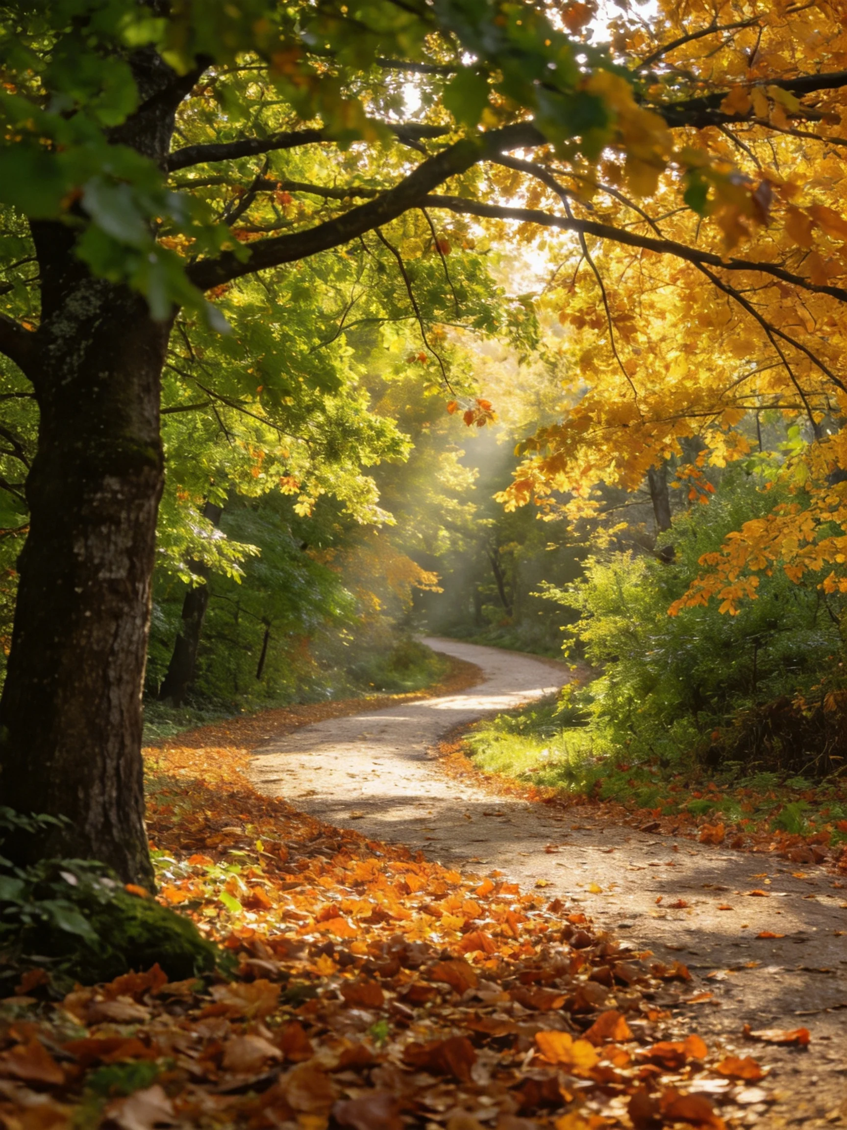 A winding dirt path through golden and green autumn foliage