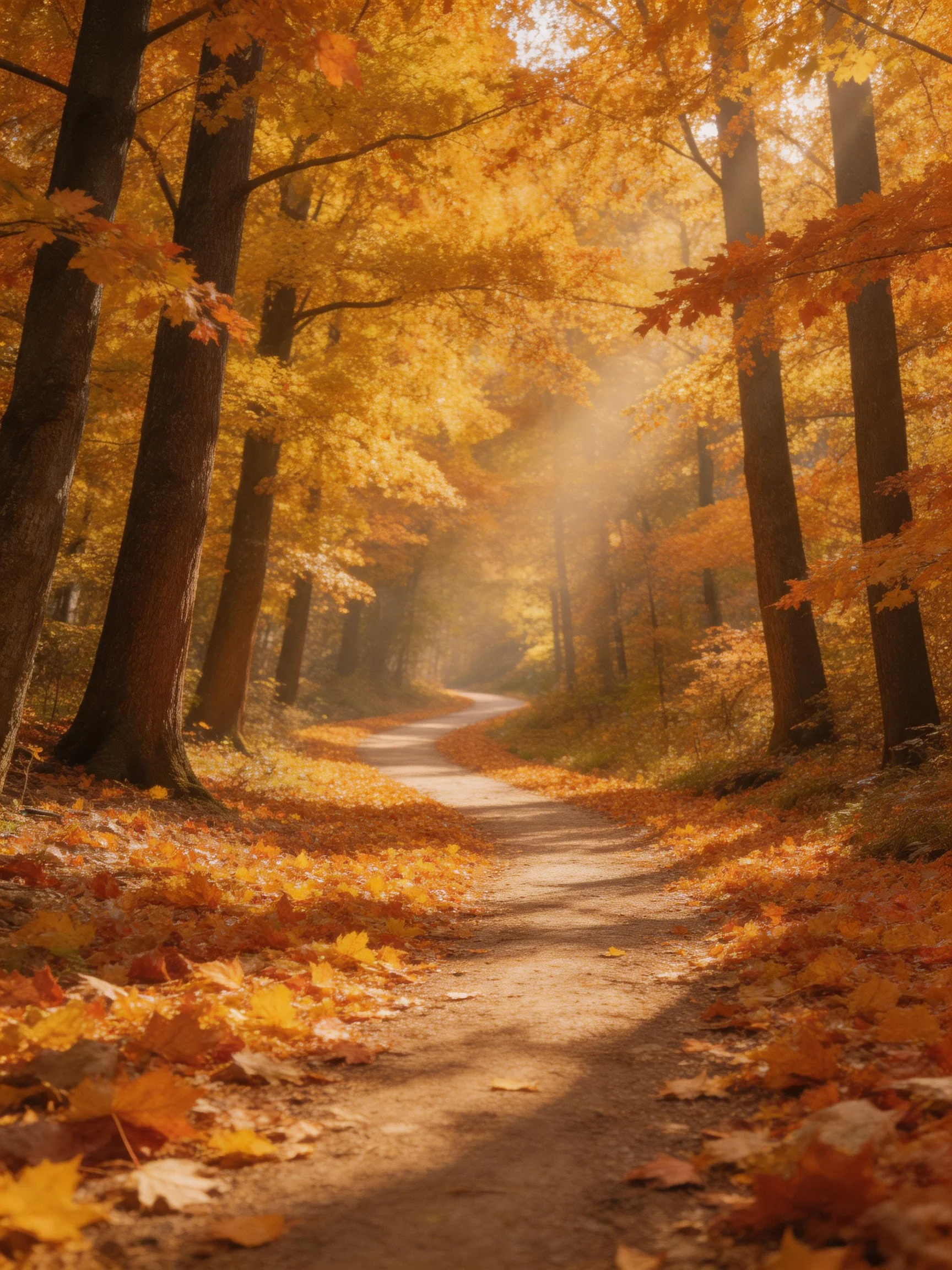 A winding dirt path through golden autumn woods with fallen leaves