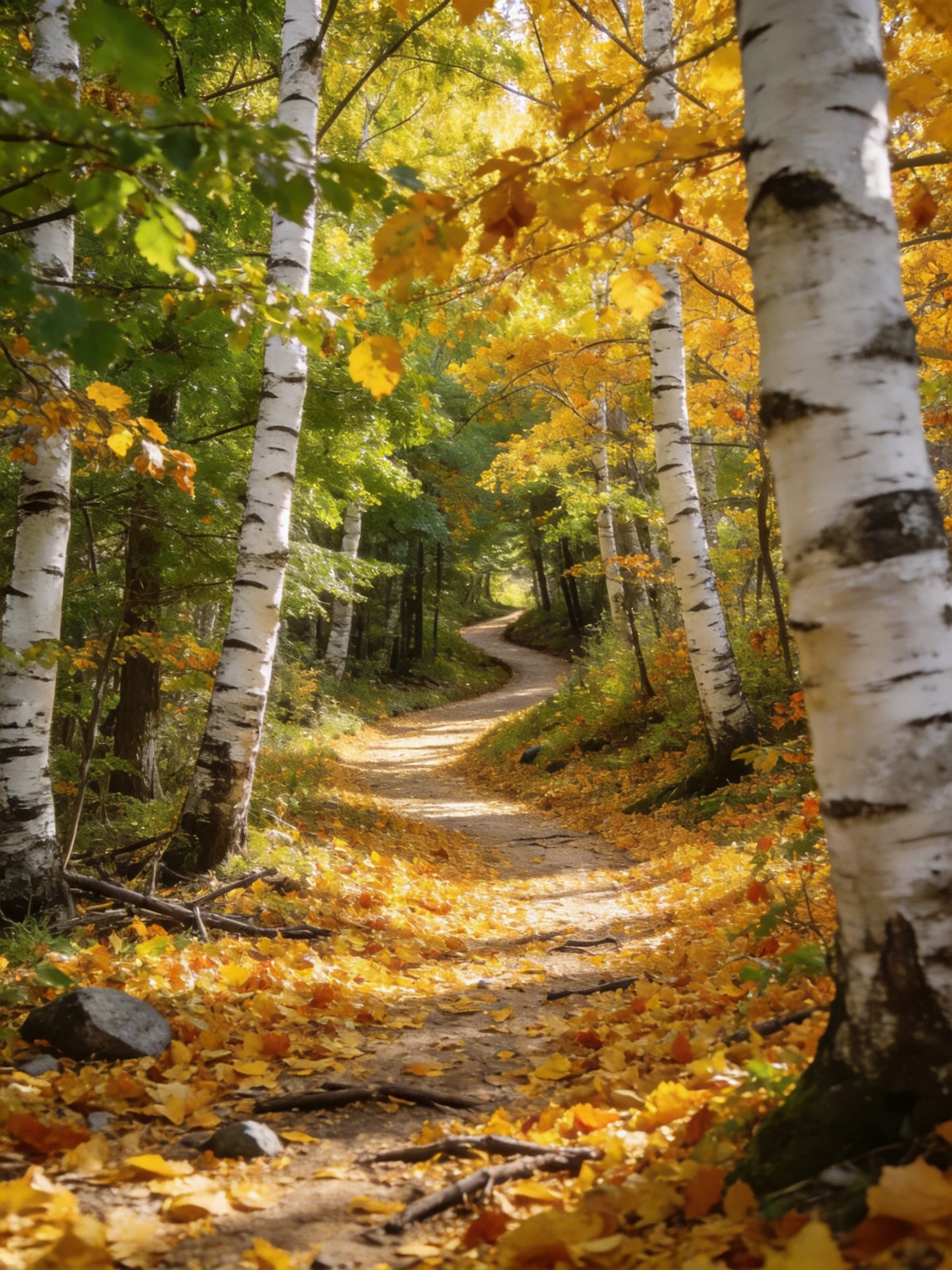 A winding dirt path through golden birch forest in autumn