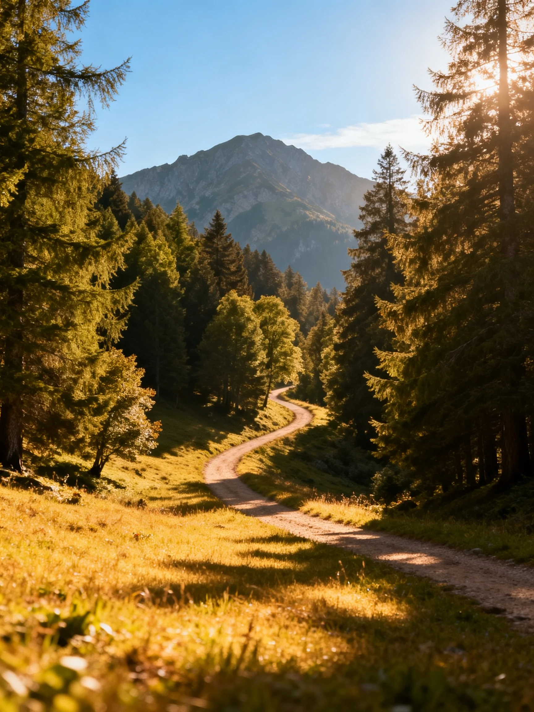 A winding dirt path through golden forests toward a misty mountain peak
