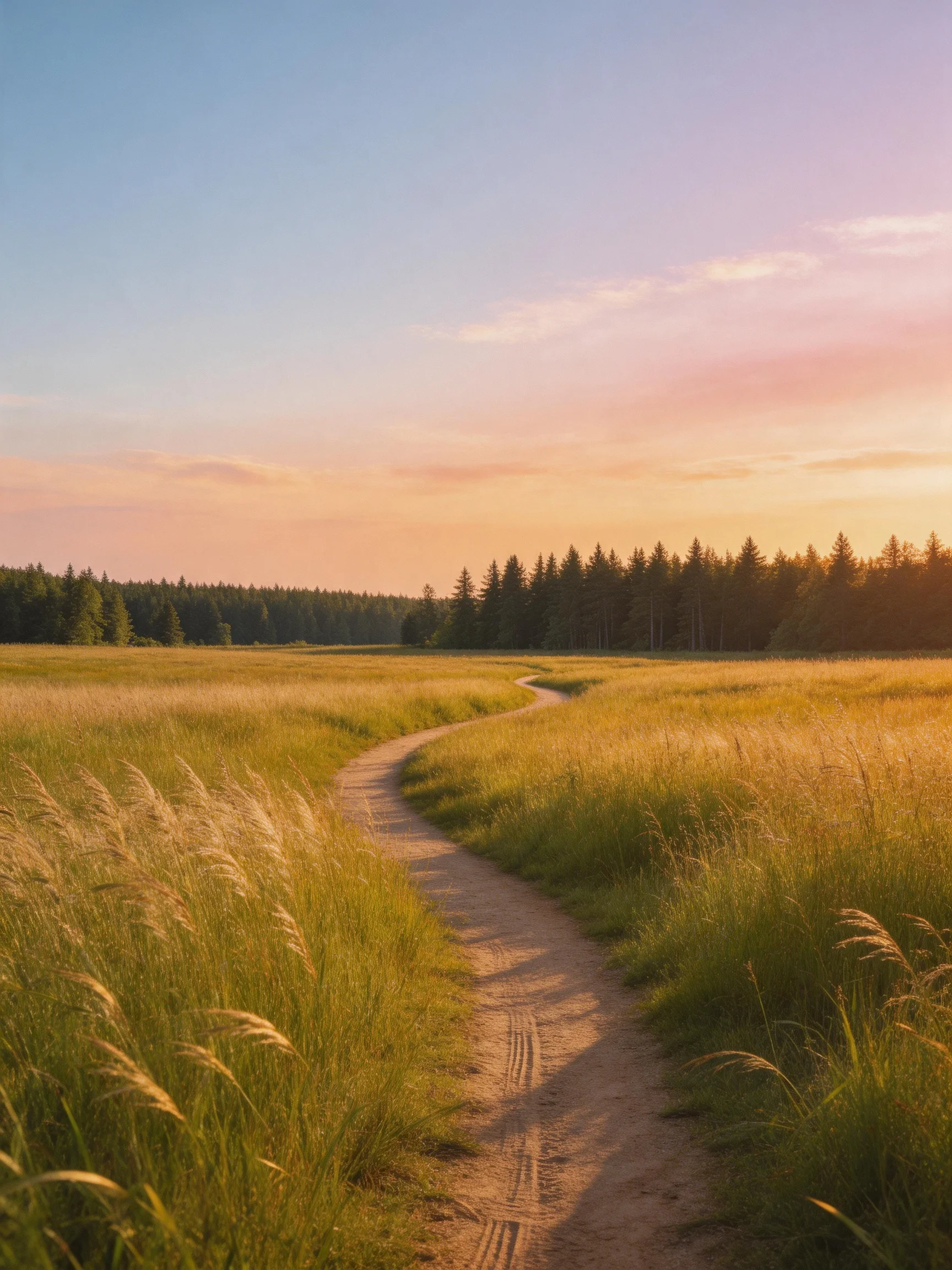 A winding dirt path through golden meadows near a forest at sunset