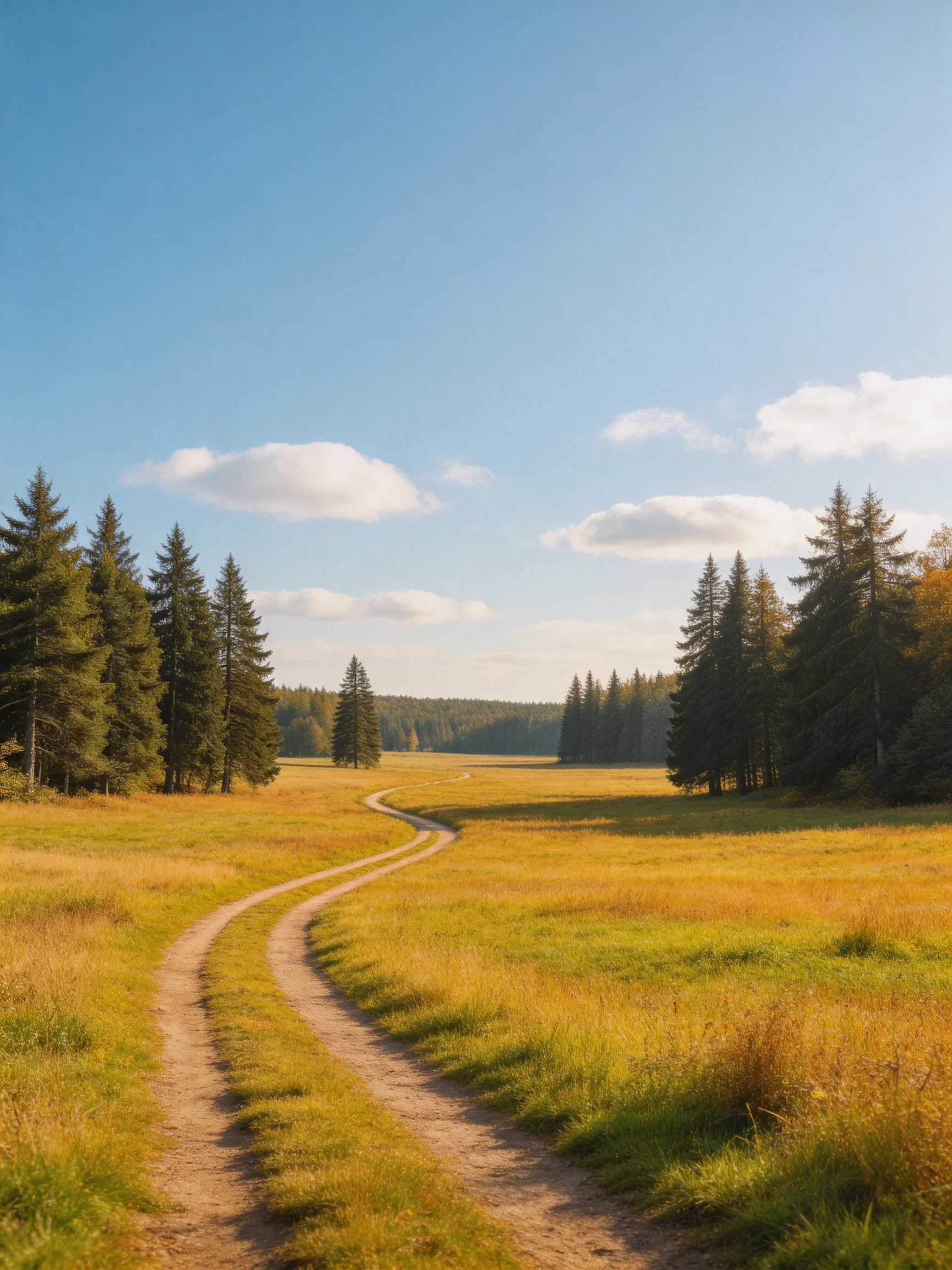A winding dirt path through golden meadows with tall evergreen trees