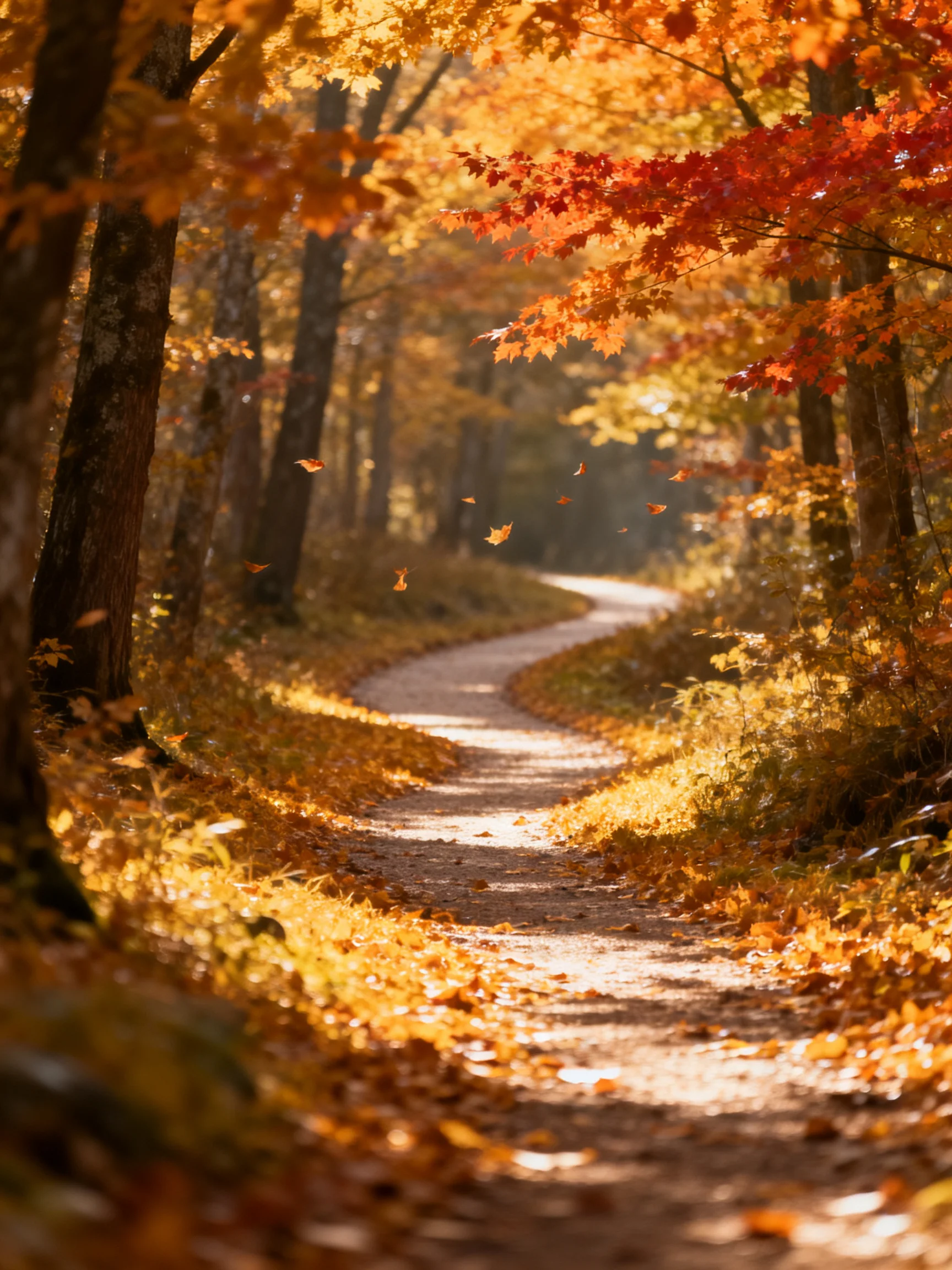 A winding dirt path through golden-orange autumn foliage
