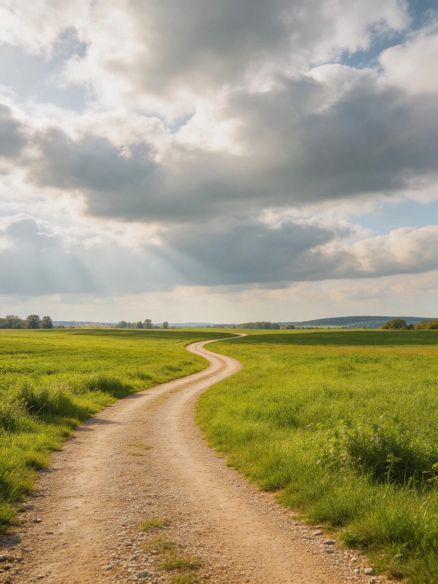 A winding dirt path through lush green fields under dramatic clouds