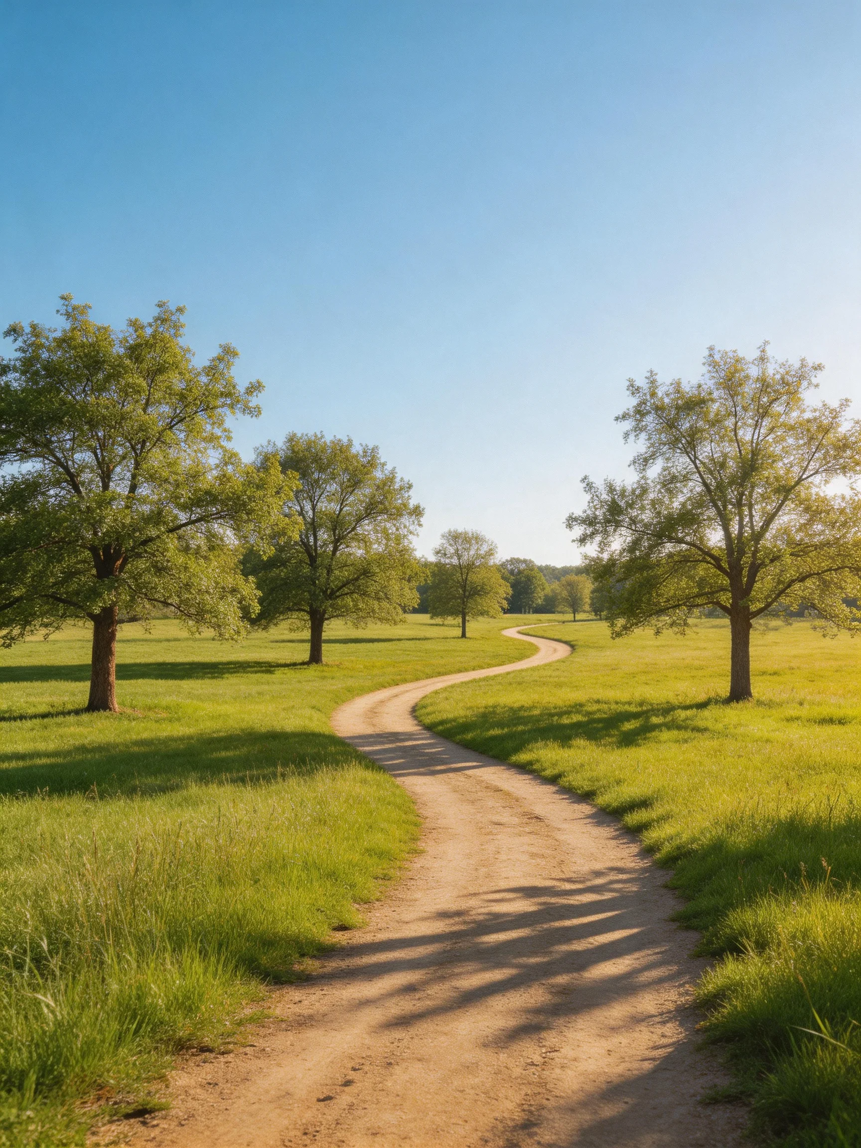 A winding dirt path through lush green fields with tall trees
