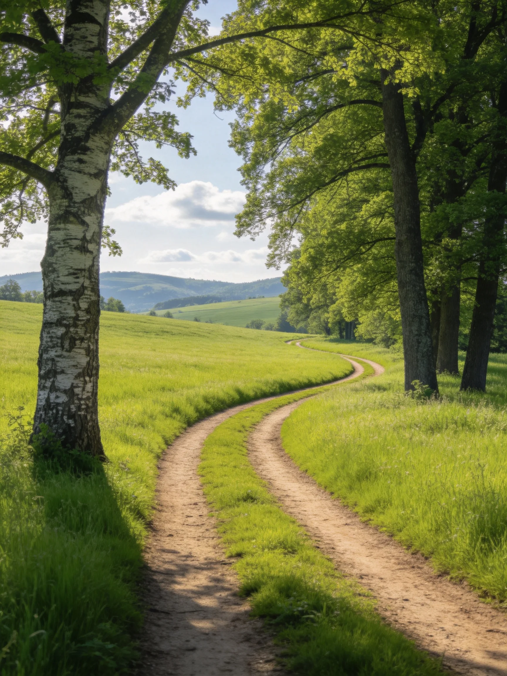 A winding dirt path through lush green meadows and tall trees