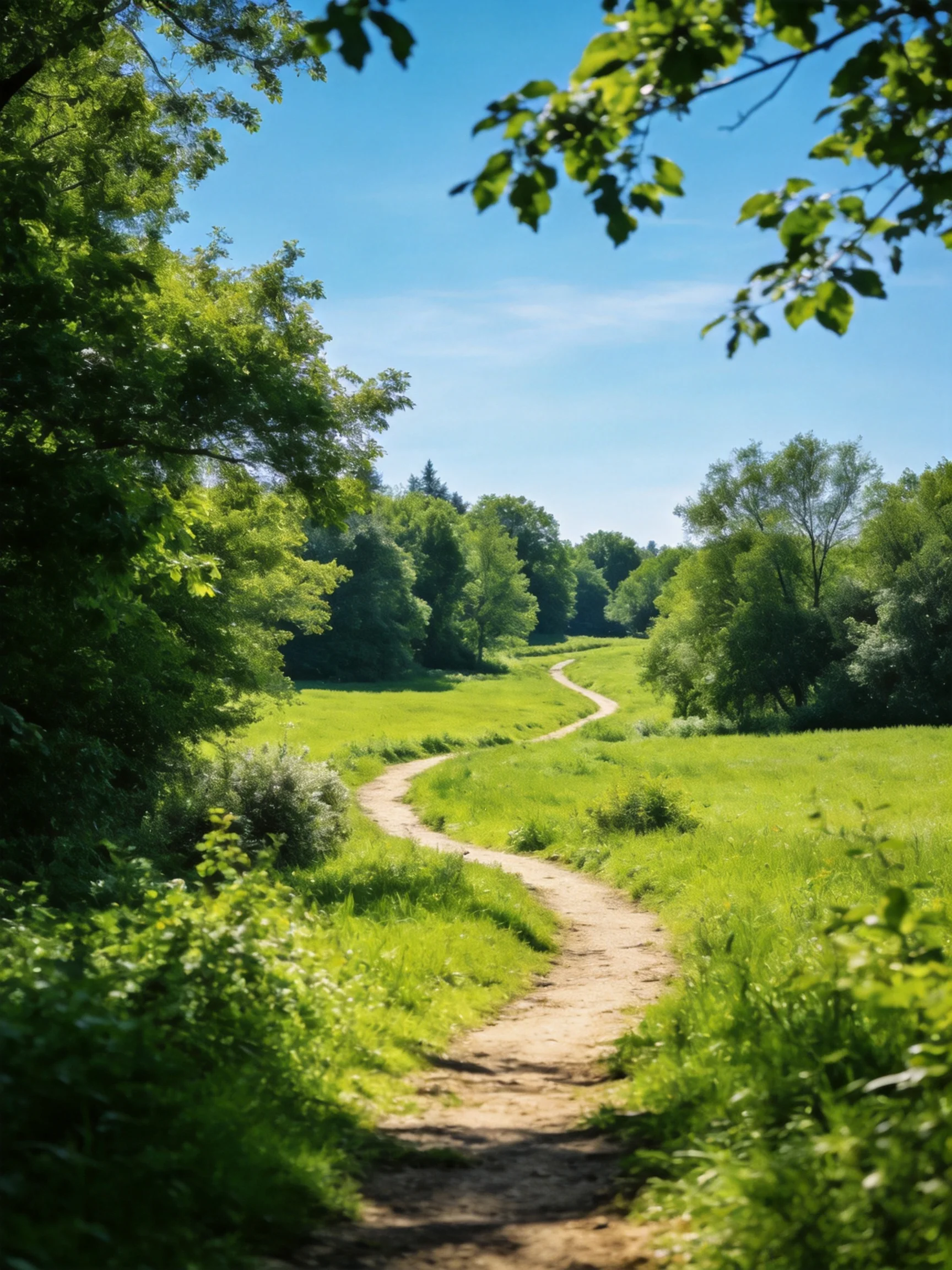 A winding dirt path through lush green meadows and tall trees