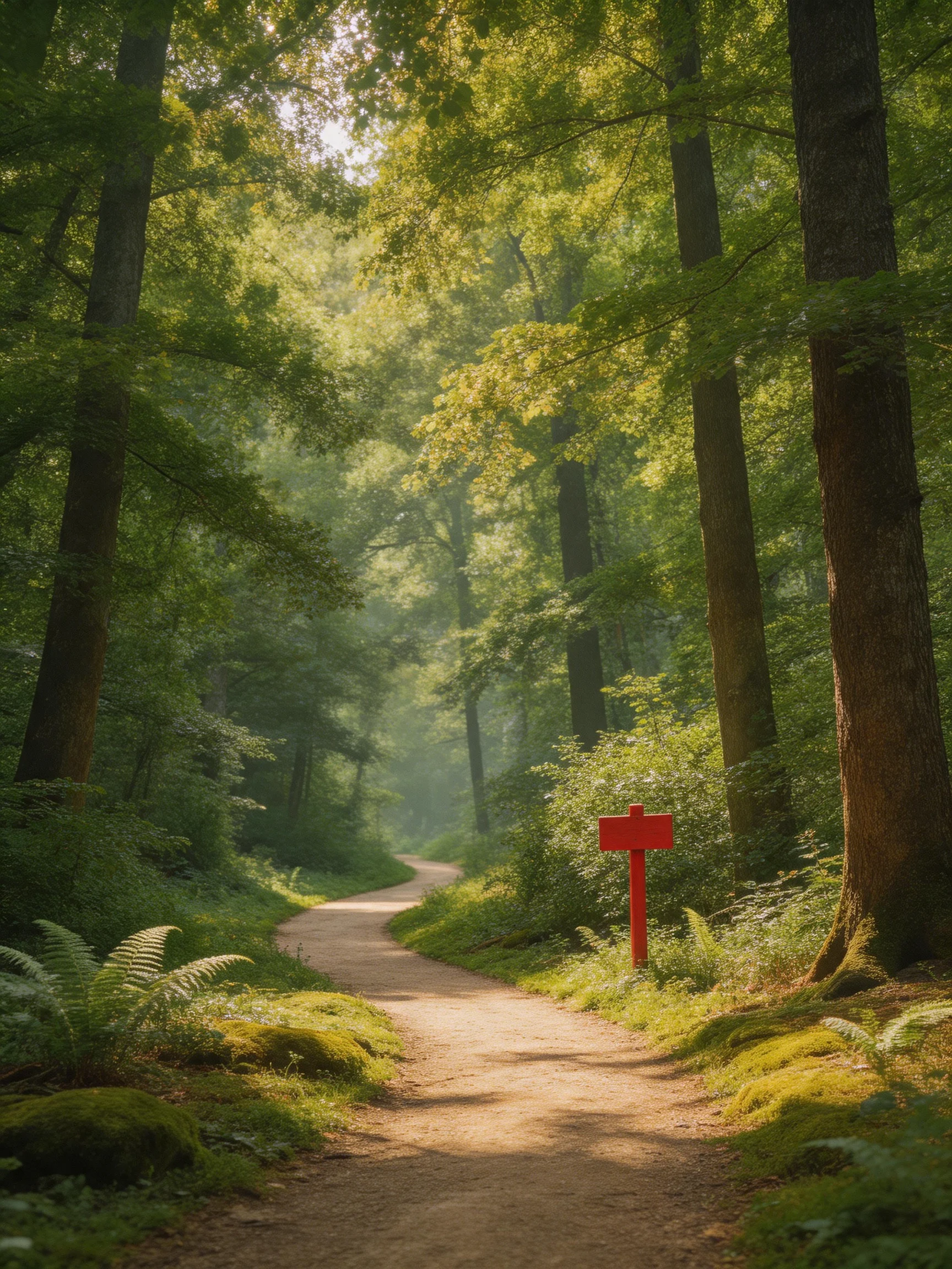 A winding dirt path through lush green woods with a bright red signpost