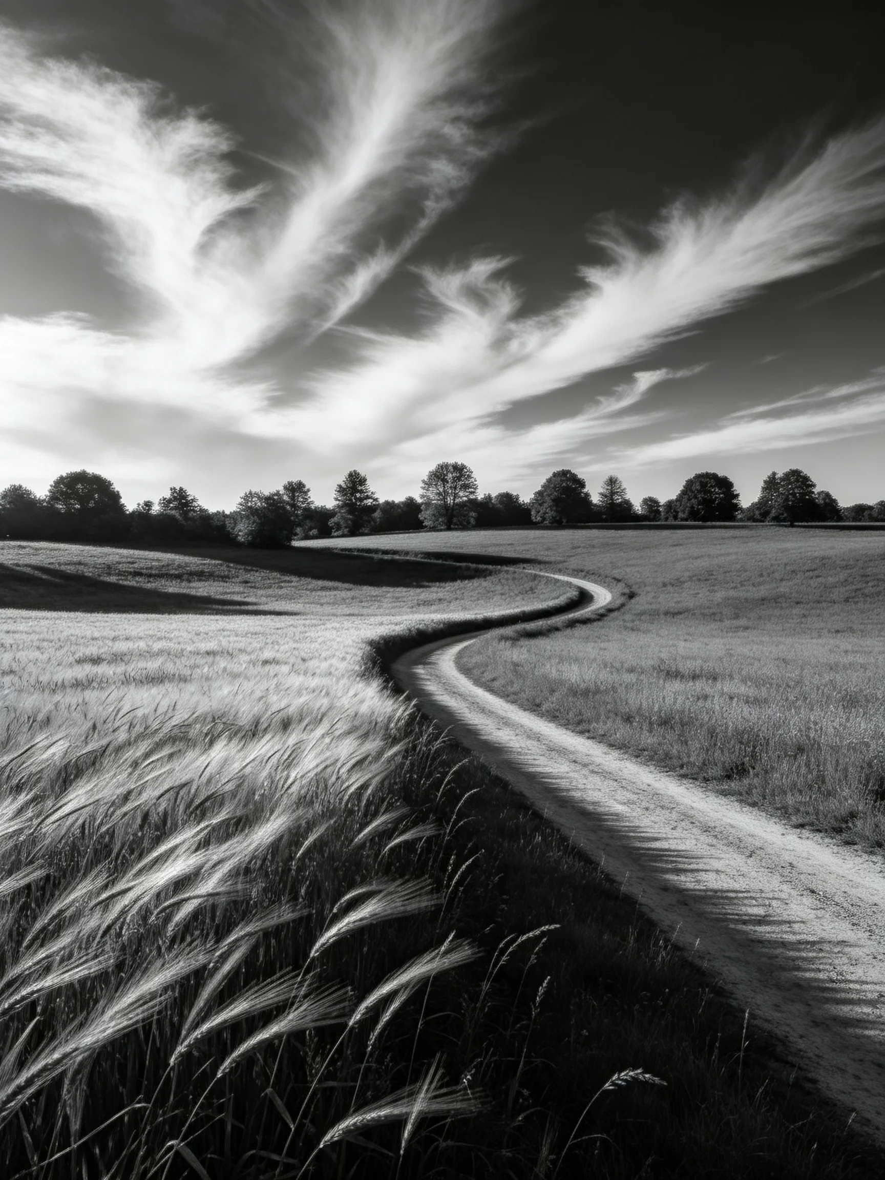 A winding dirt path through monochrome fields and trees